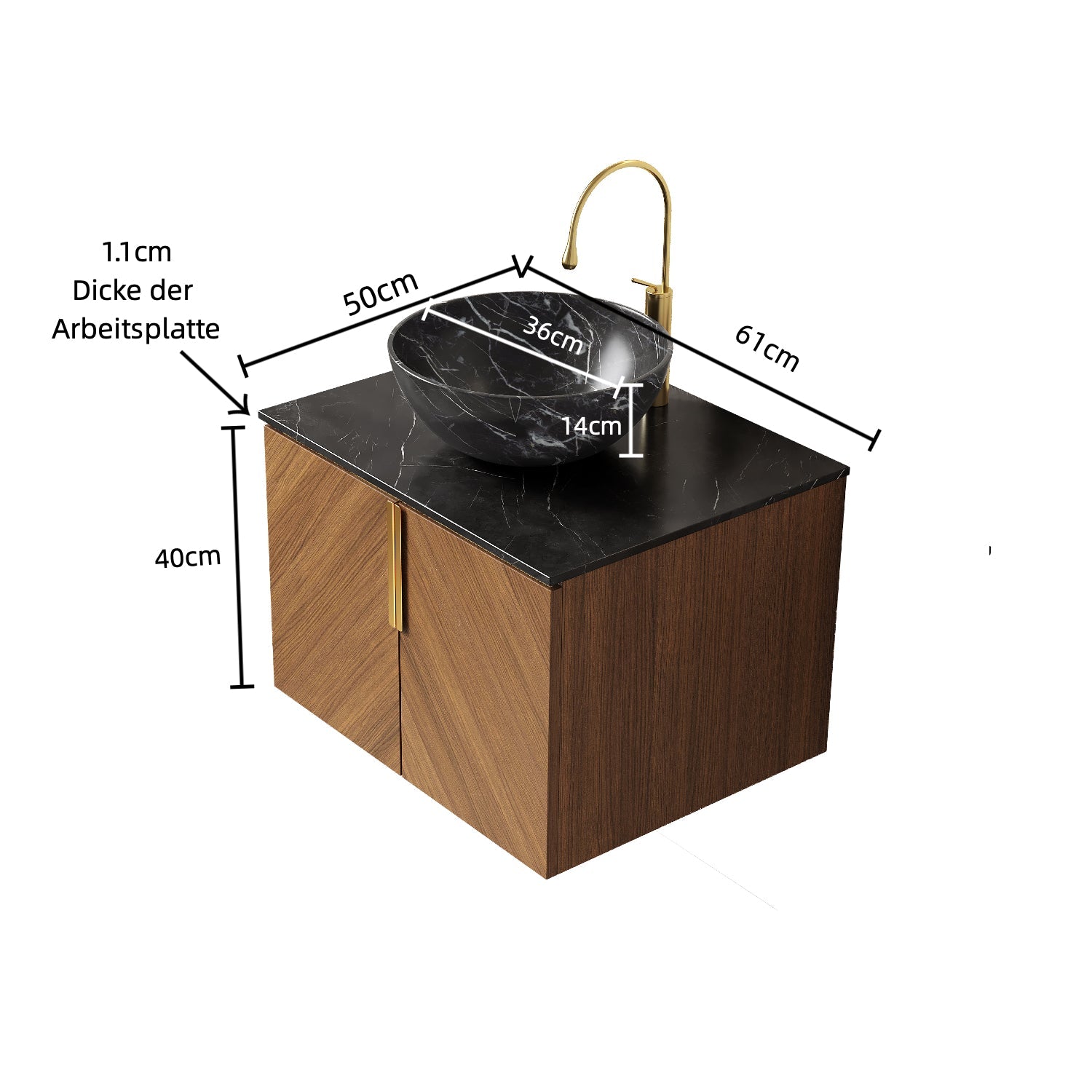 ARAI 61cm Wall Mount Bathroom Vanity with Black Bowl Ceramic Basin, Black Sintered Stone Countertop, Plywood Cabinet, Espresso Wood Grain