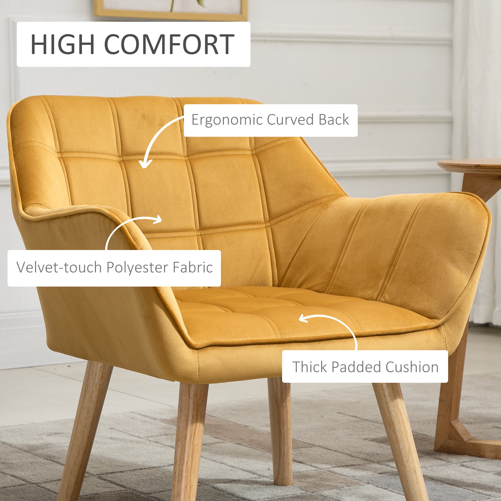 Modern Armchair, Accent Chair with Wide Arms, Slanted Back, Rubber Wood Legs, Yellow
