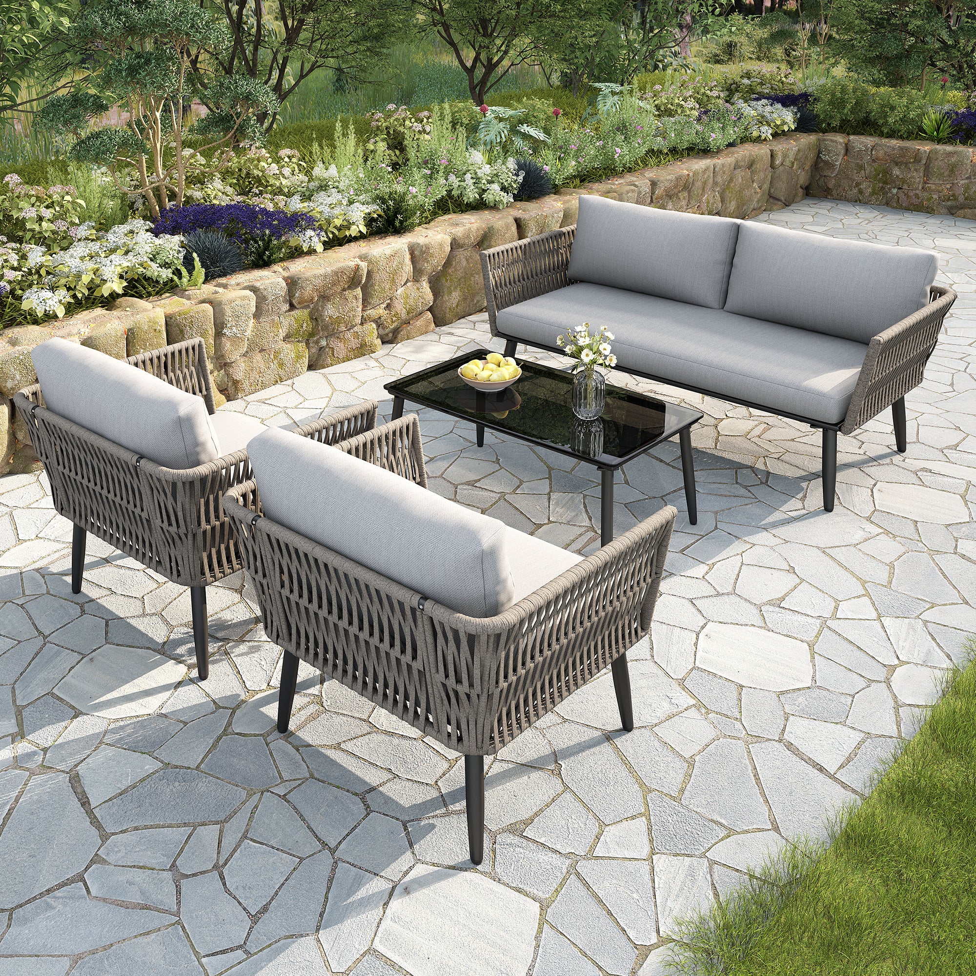 Garden Lounge Set with 2-Seater Sofa, 2 Armchairs and Coffee Table, Grey PE Rope and Steel