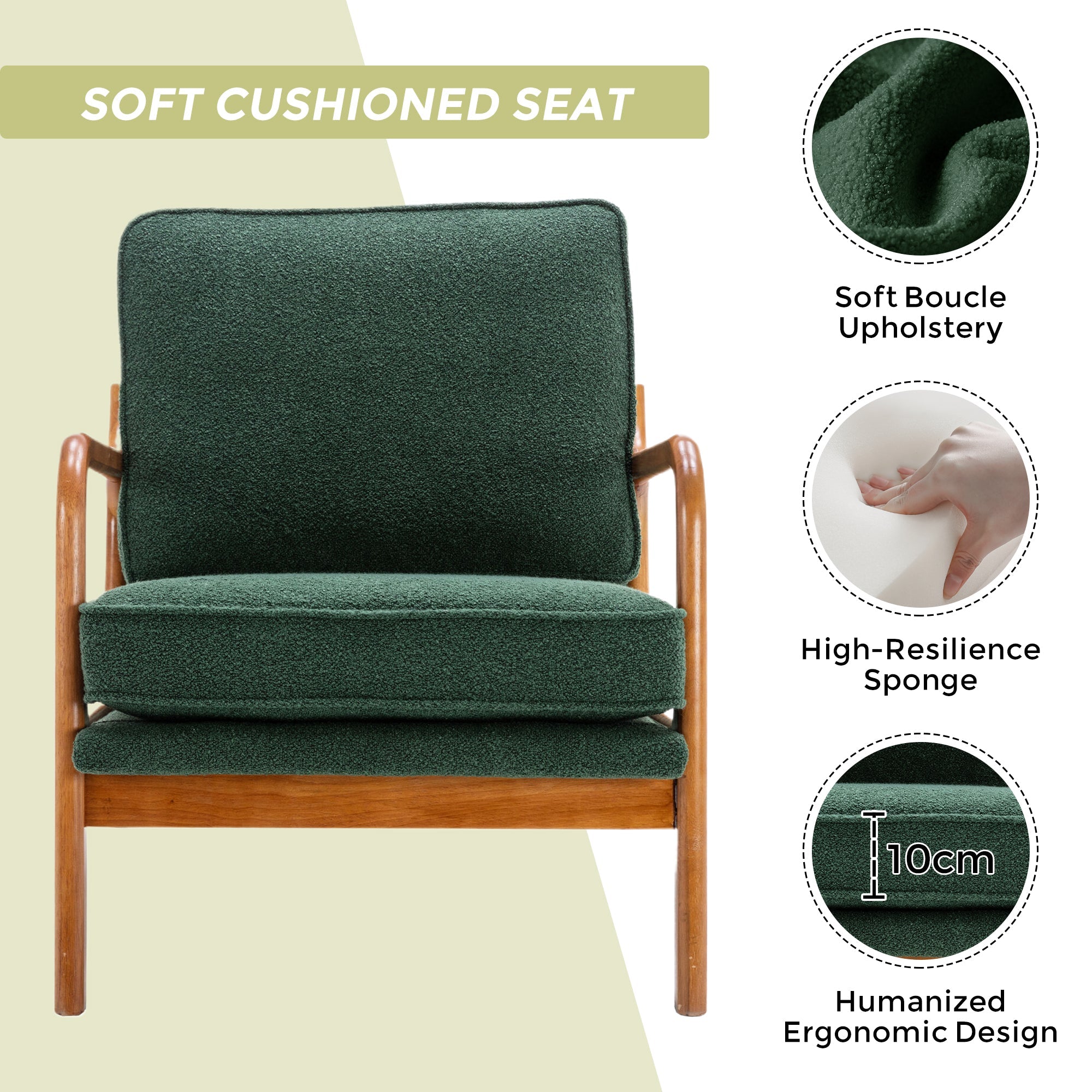 GOMYWAY Accent Chair Mid-Century Modern Armchair with Solid Wood Frame, Emerald