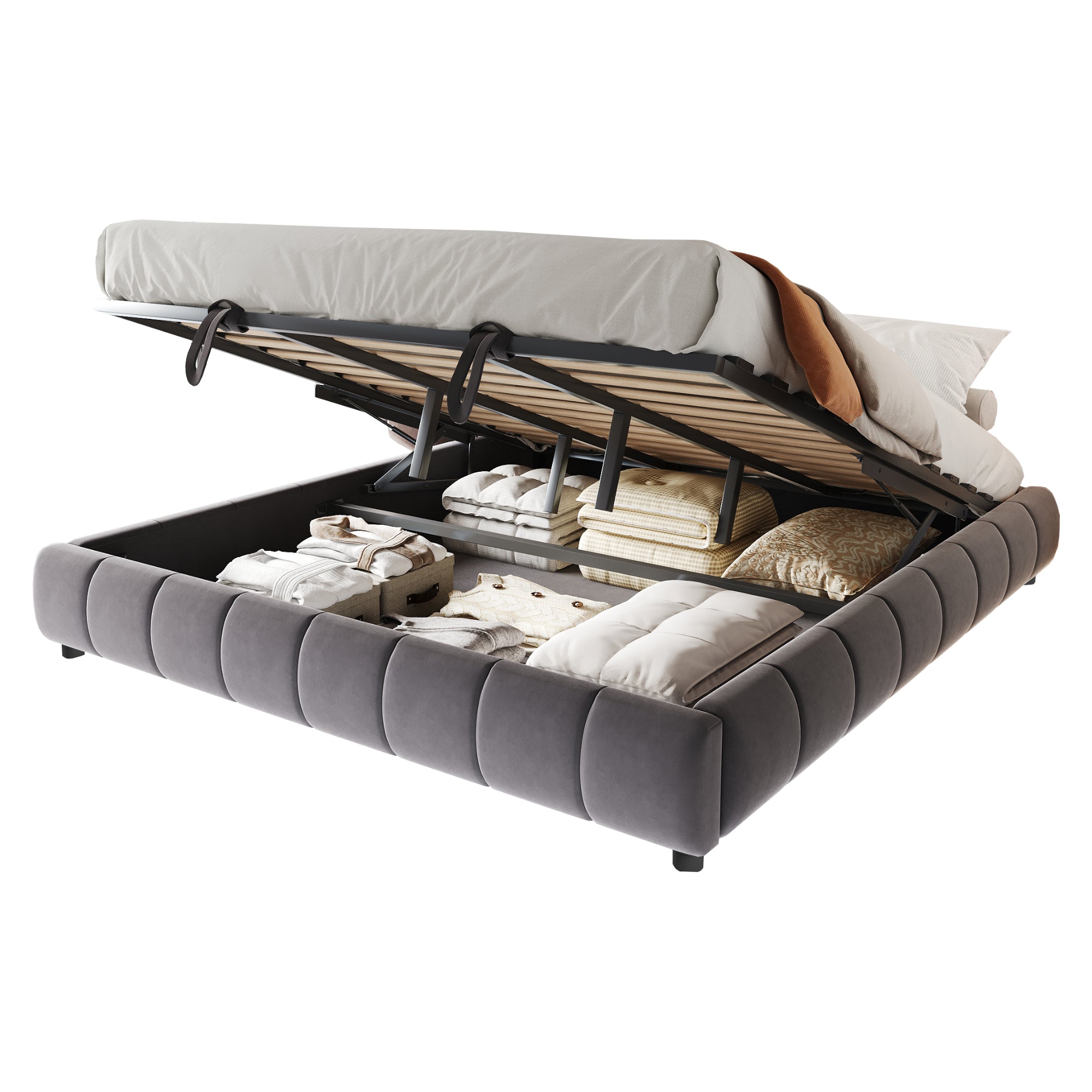 Upholstered Bed, 180x200cm LED Floating with Storage, Grey