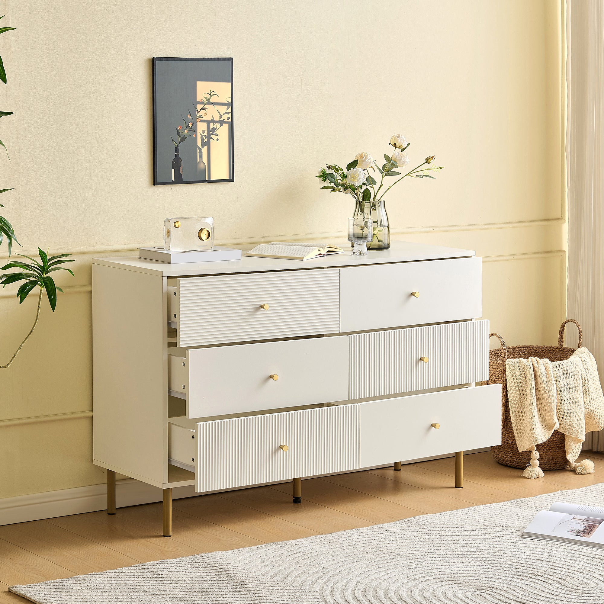 Chest of Drawers, 6-Drawer Storage with Steel Legs, White MDF