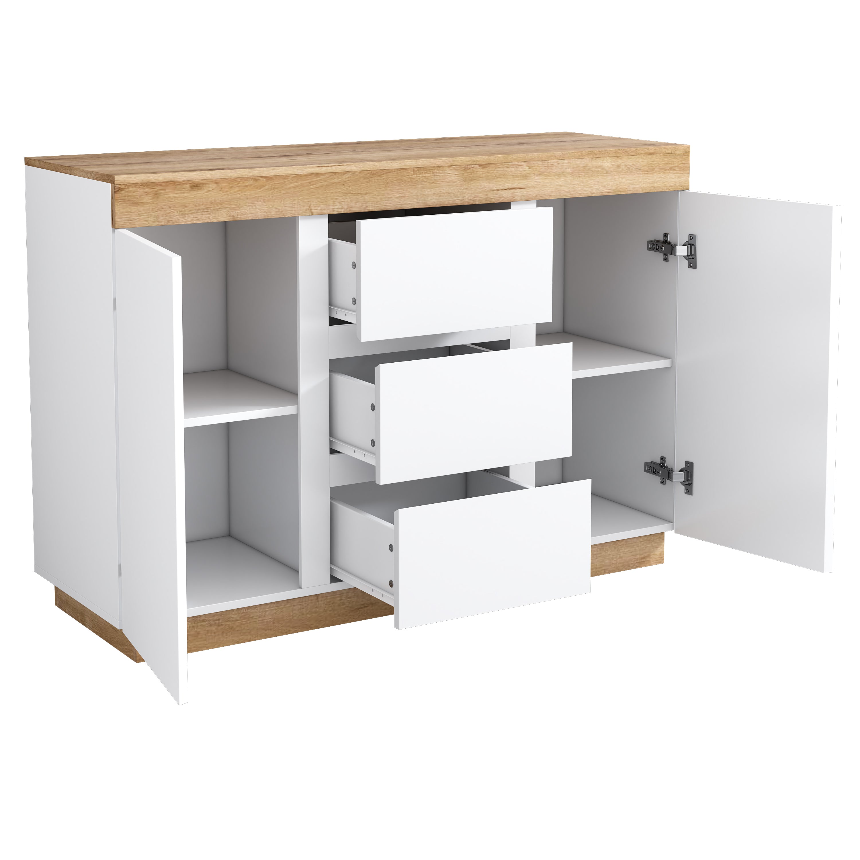 Chest of Drawers 3 Drawers 2 Doors Lockable Storage - White/Oak Chipboard