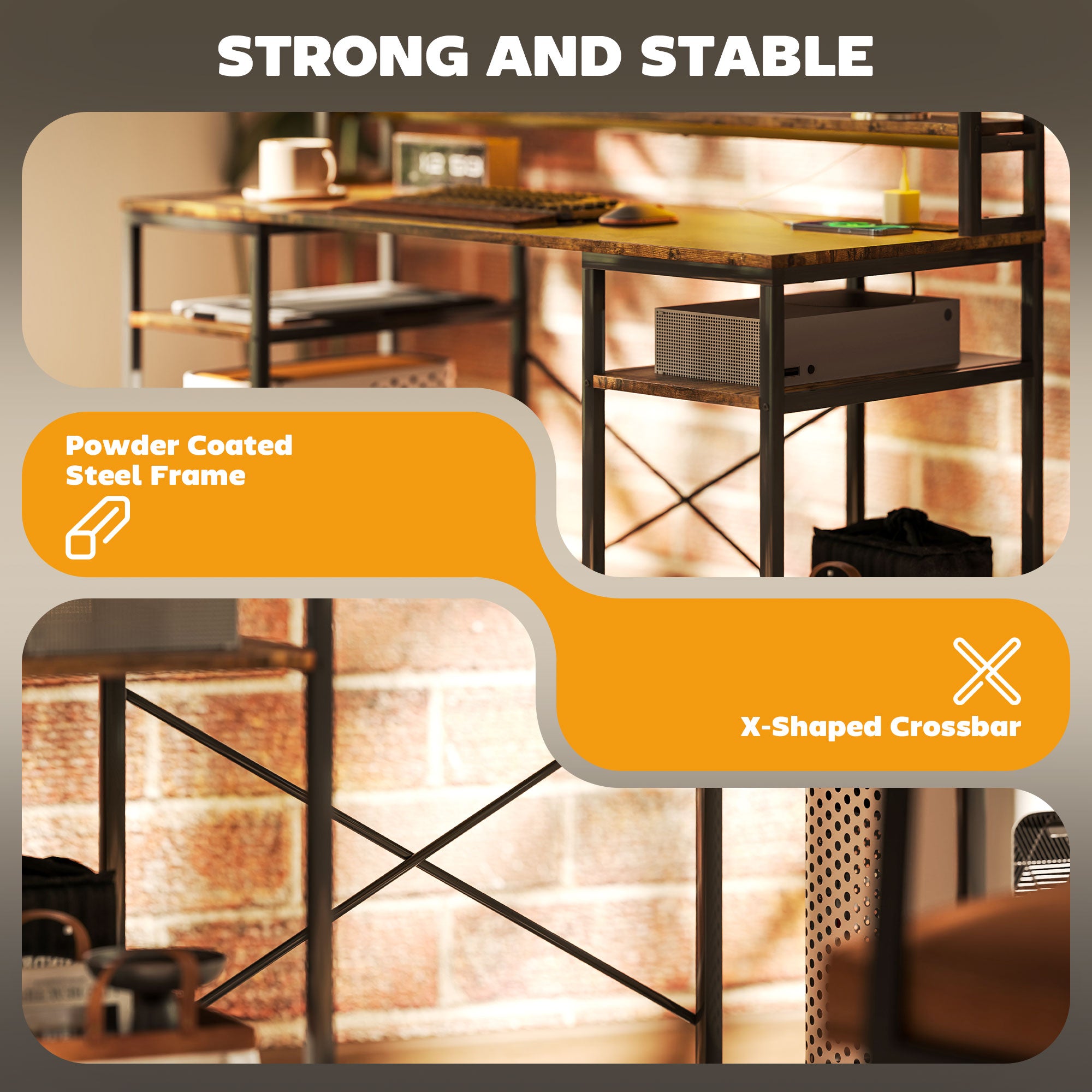 Computer Desk with Power Outlets, LED Lights, Hutch, Storage Shelves, Rustic Brown