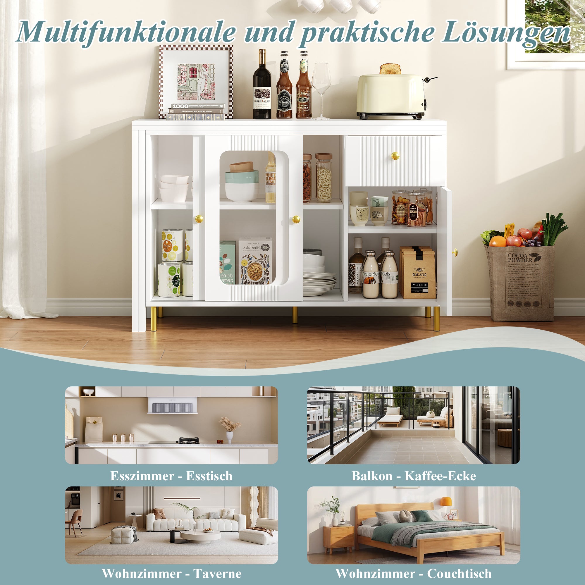 Buffet Sideboard Folding Extendable Top Rotating Glass Wave Doors - White