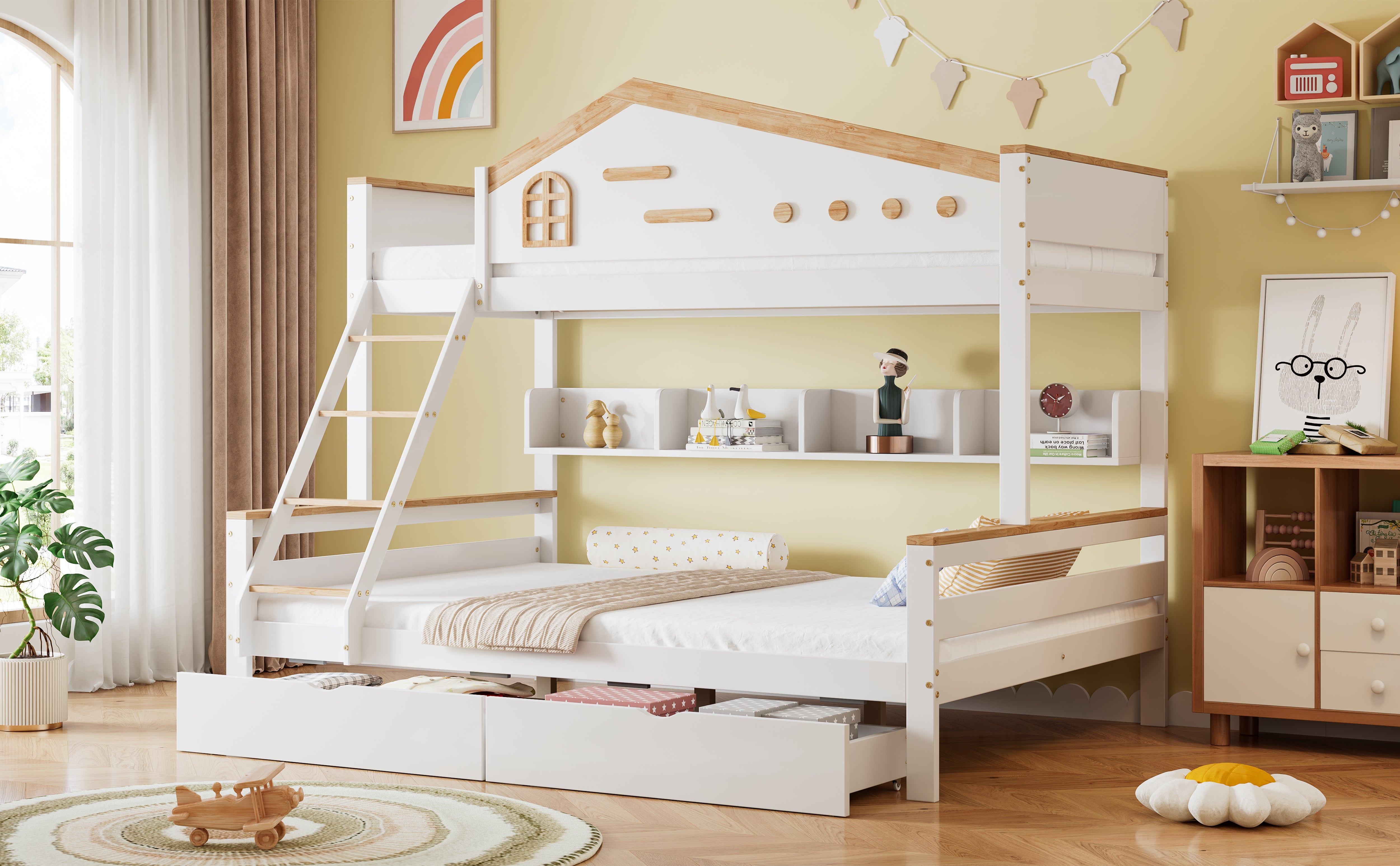 Bunk Bed, Children's with Drawers & Ladder, Pine+MDF White+Natural