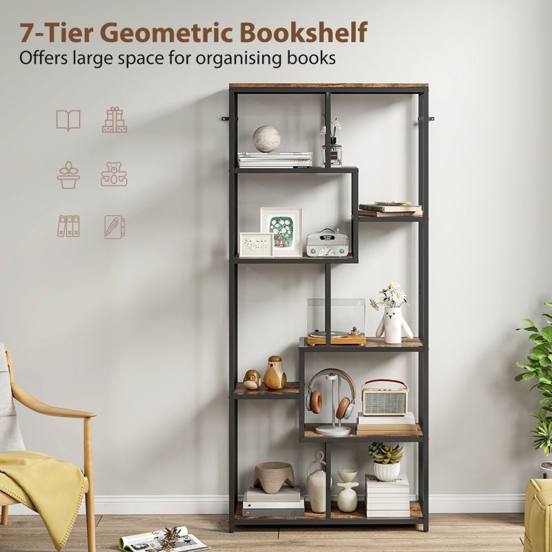Seven-Tier Geometric Bookcase Asymmetrical Storage Metal Frame, Brown/Black Engineered Wood