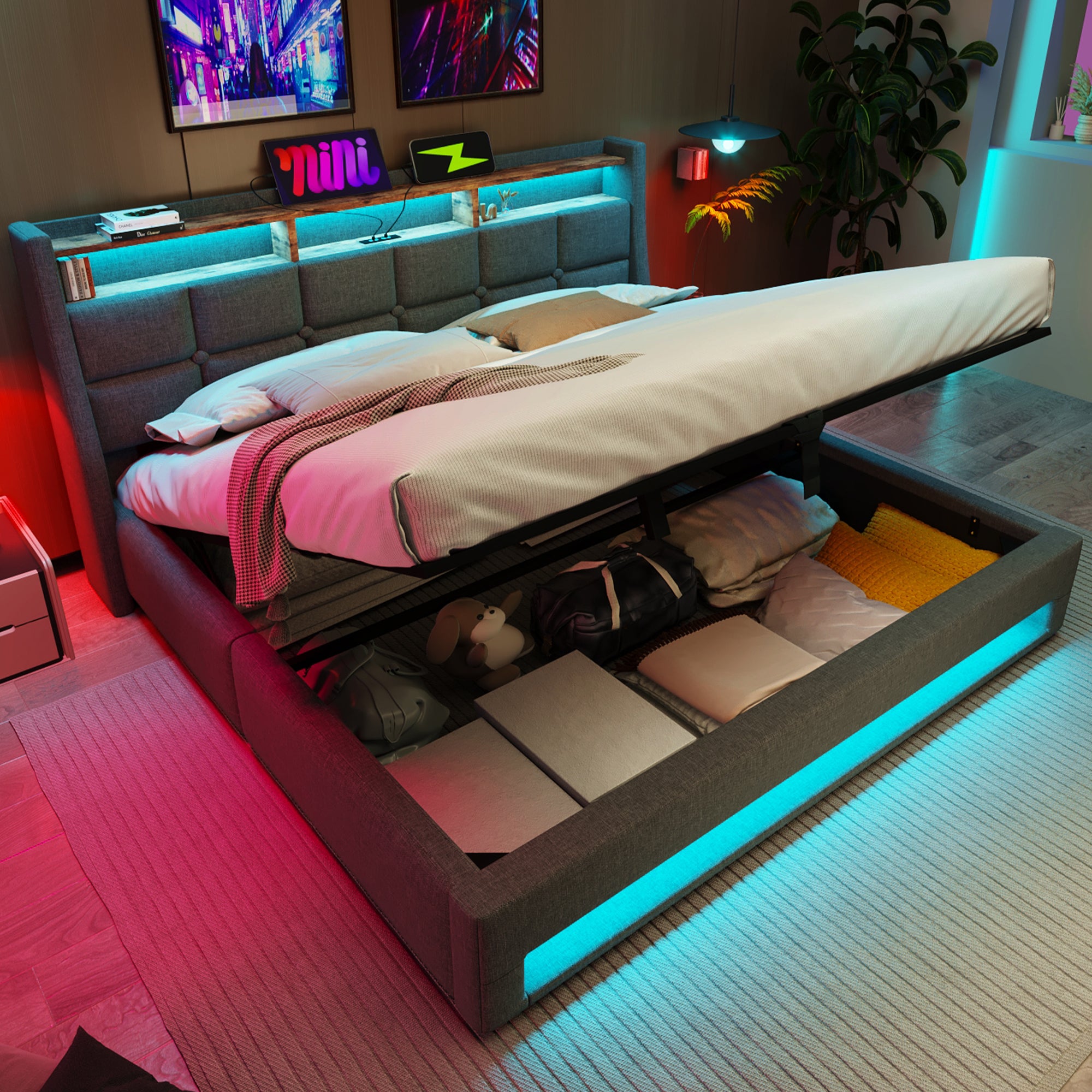 Upholstered Double Bed 135 x 190 cm with LED Lighting, USB-C Charging, Storage Headboard, Metal Slatted Frame, Grey Linen