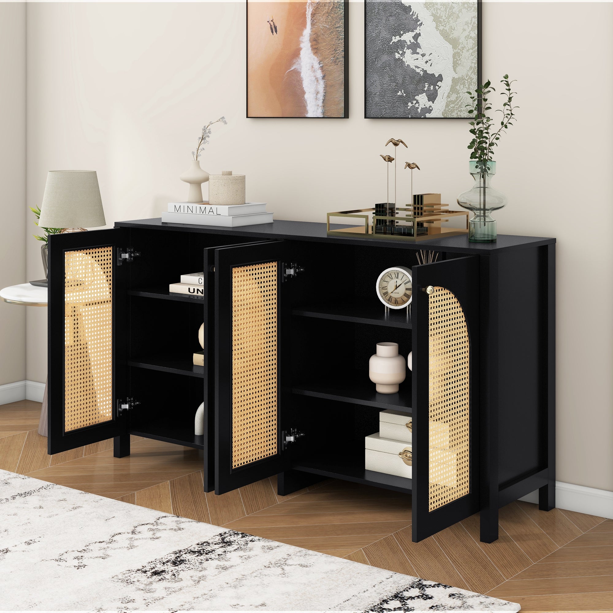 Sideboard, Minimalist with 4 Rattan Doors & Metal Handles, Black