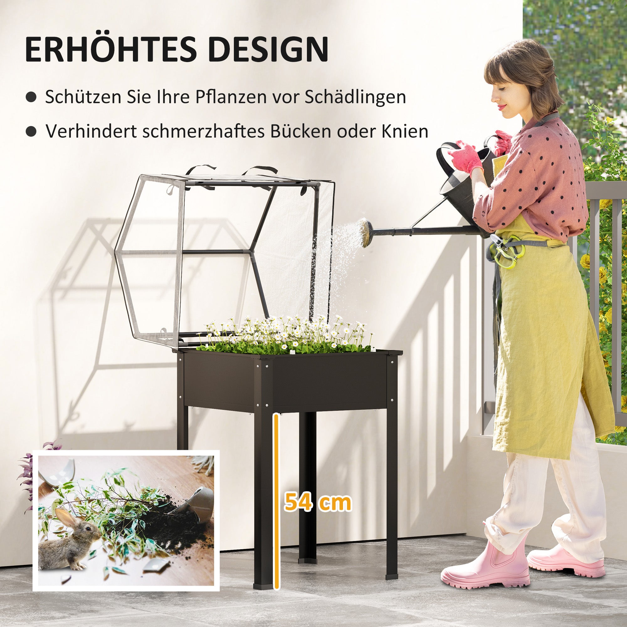 Raised Garden Bed with Cover, Elevated Herb Planter & Drainage Holes, Metal Black