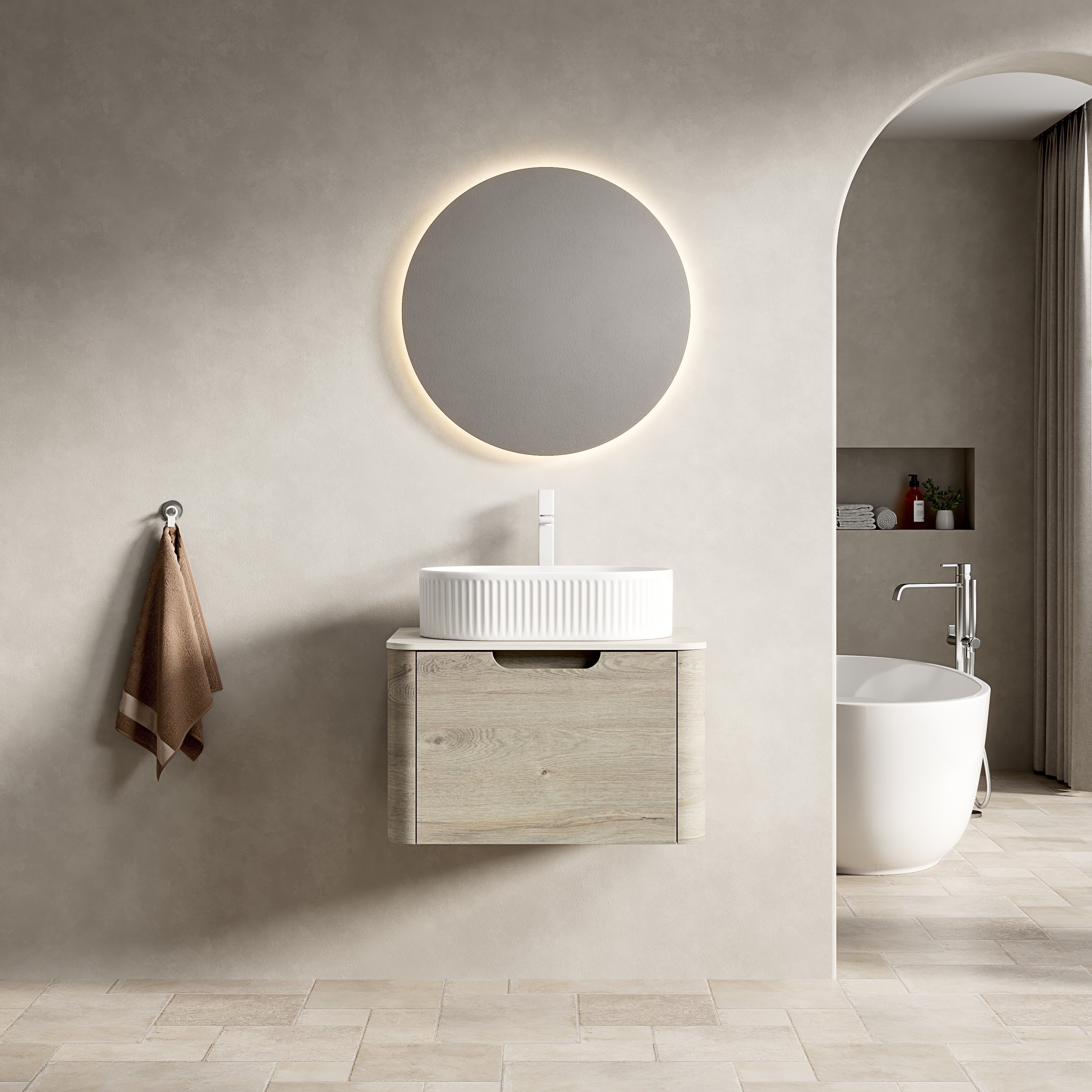Floating Bathroom Vanity Unit with Oval Sink and Sintered Stone Top, Oak Cream Wood Grain