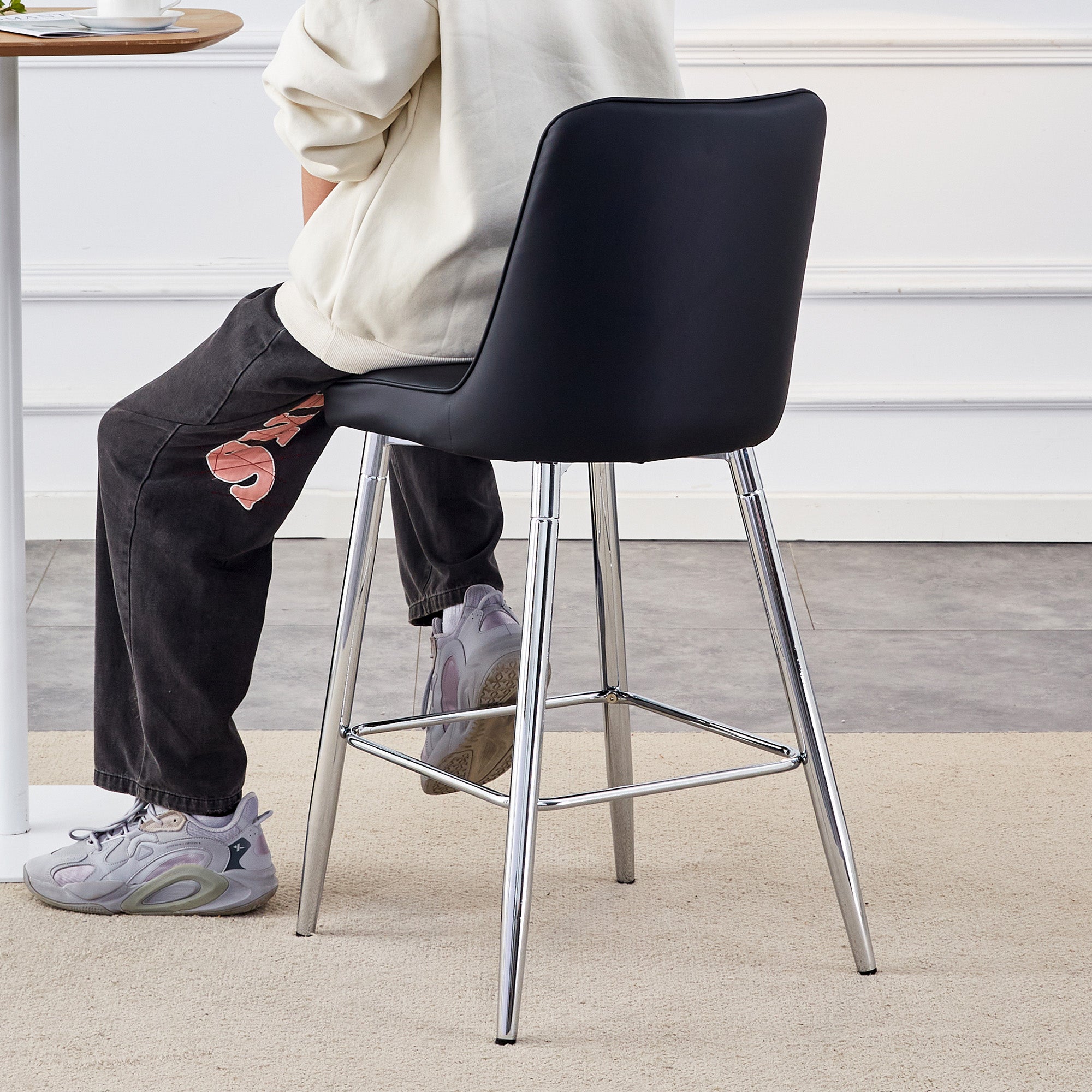 Set of 2 Bar Stools 100cm High with Footrest, Black PU Leather