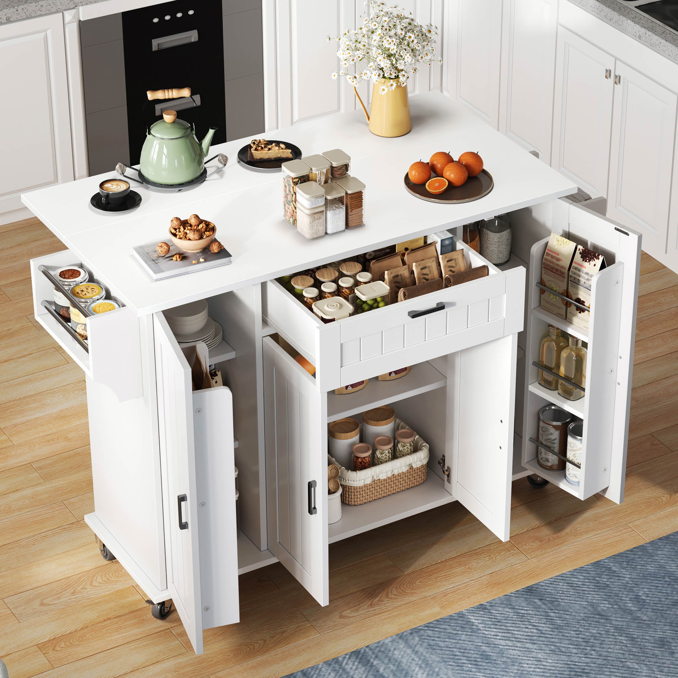 Mobile Kitchen Island Folding Worktop, Cabinet Storage, Spice Racks & Towel Rails - White