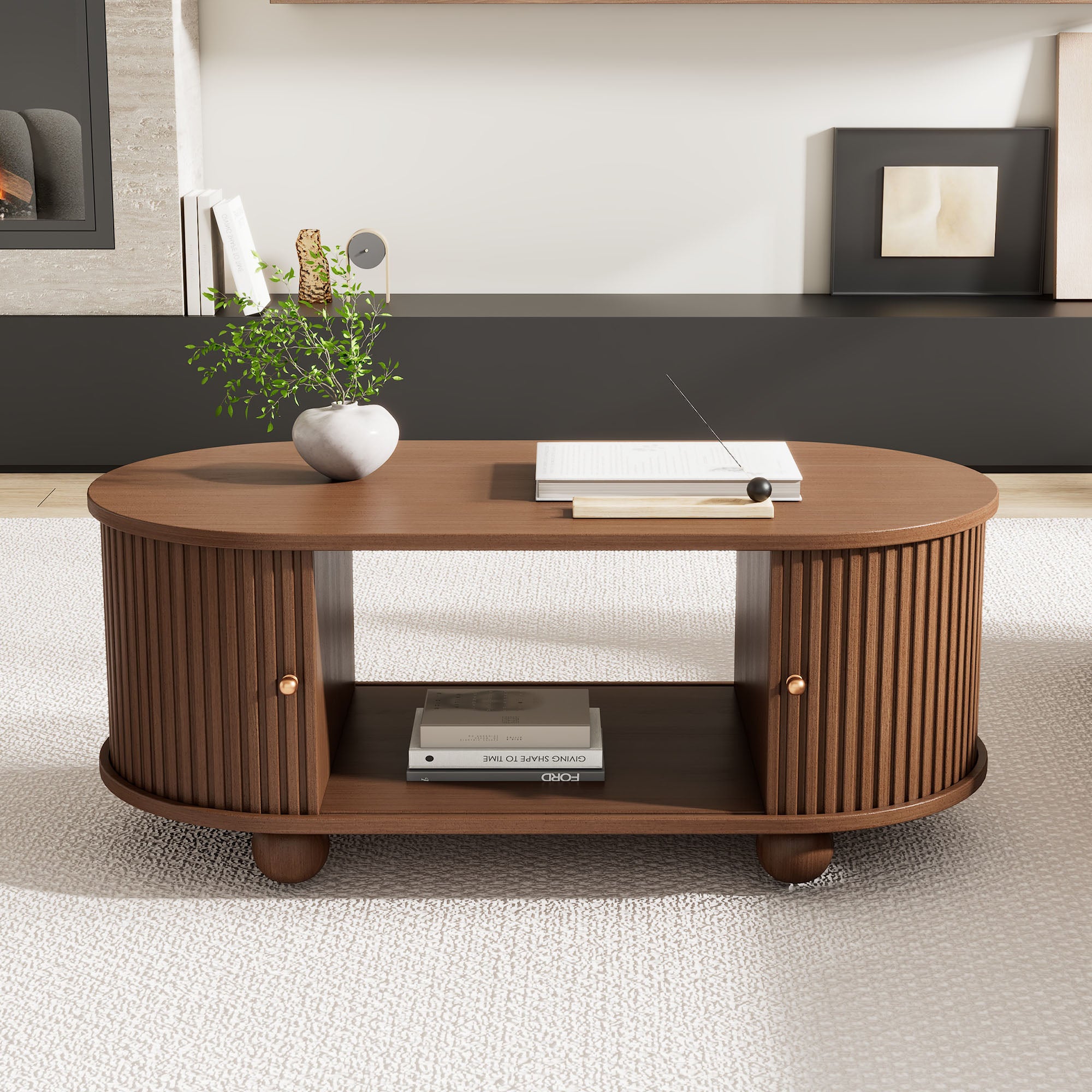 Oval Coffee Table with Sliding Doors and Storage, Oak MDF