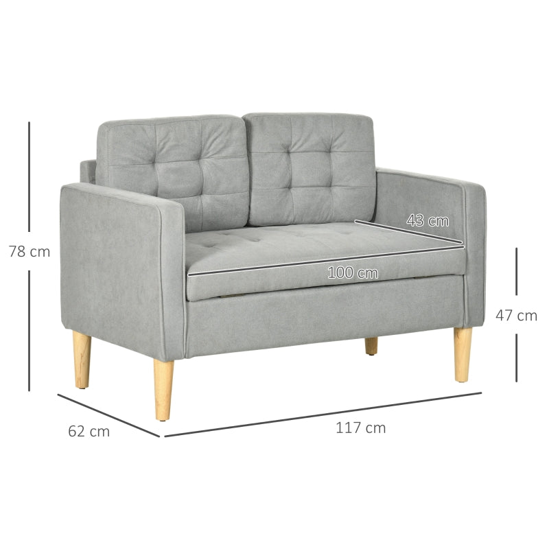 Modern 2 Seater Sofa with Hidden Storage, Tufted Cotton, Light Grey