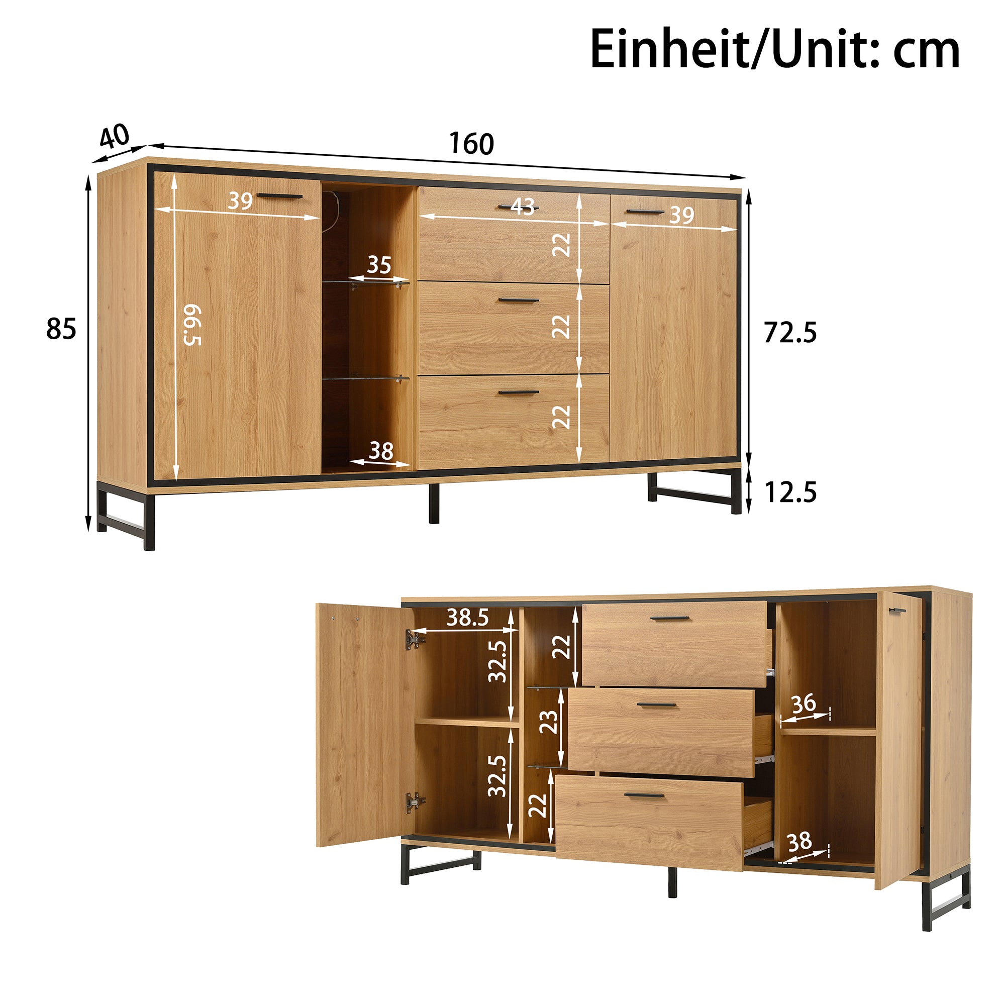 Sideboard with Three Drawers, Storage Compartments, Black and Wood Color