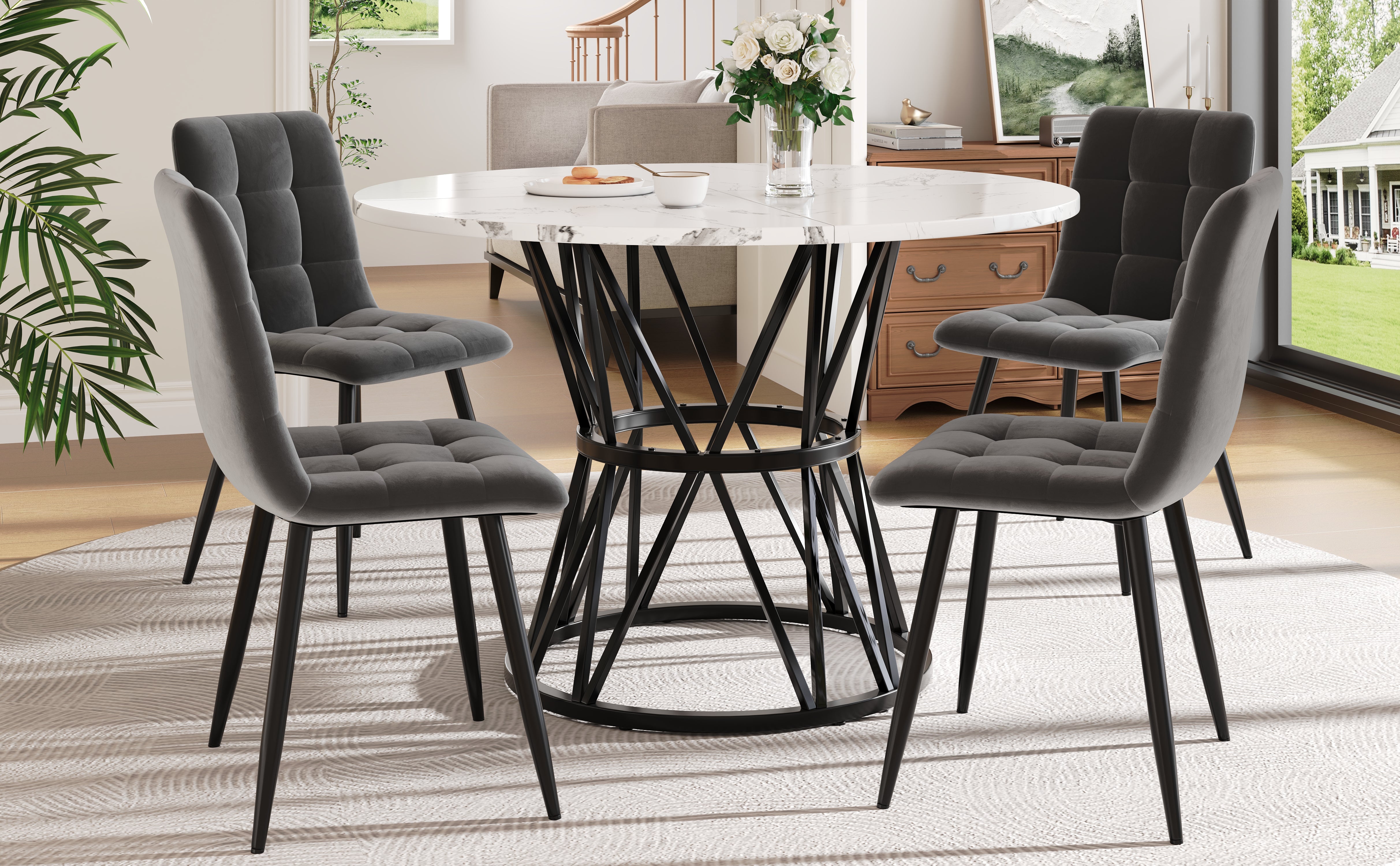 Dining Table Set, 5-Piece Round with 4 Chairs, Marble Top, Gray Velvet