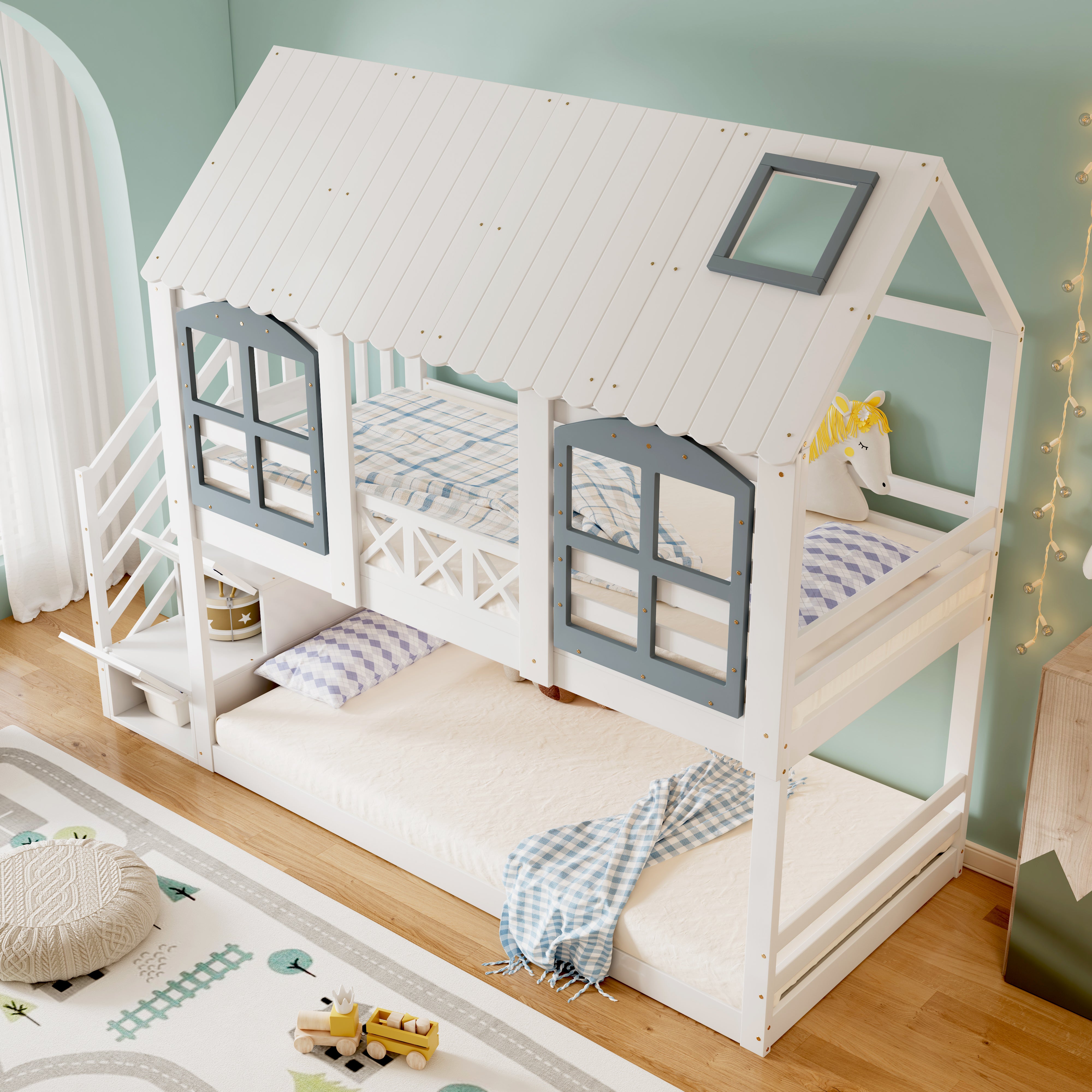 Bunk Bed with Roof & Window, Safety Gate & 3 Stair Lockers, 90x200cm Pine+MDF White+Grey