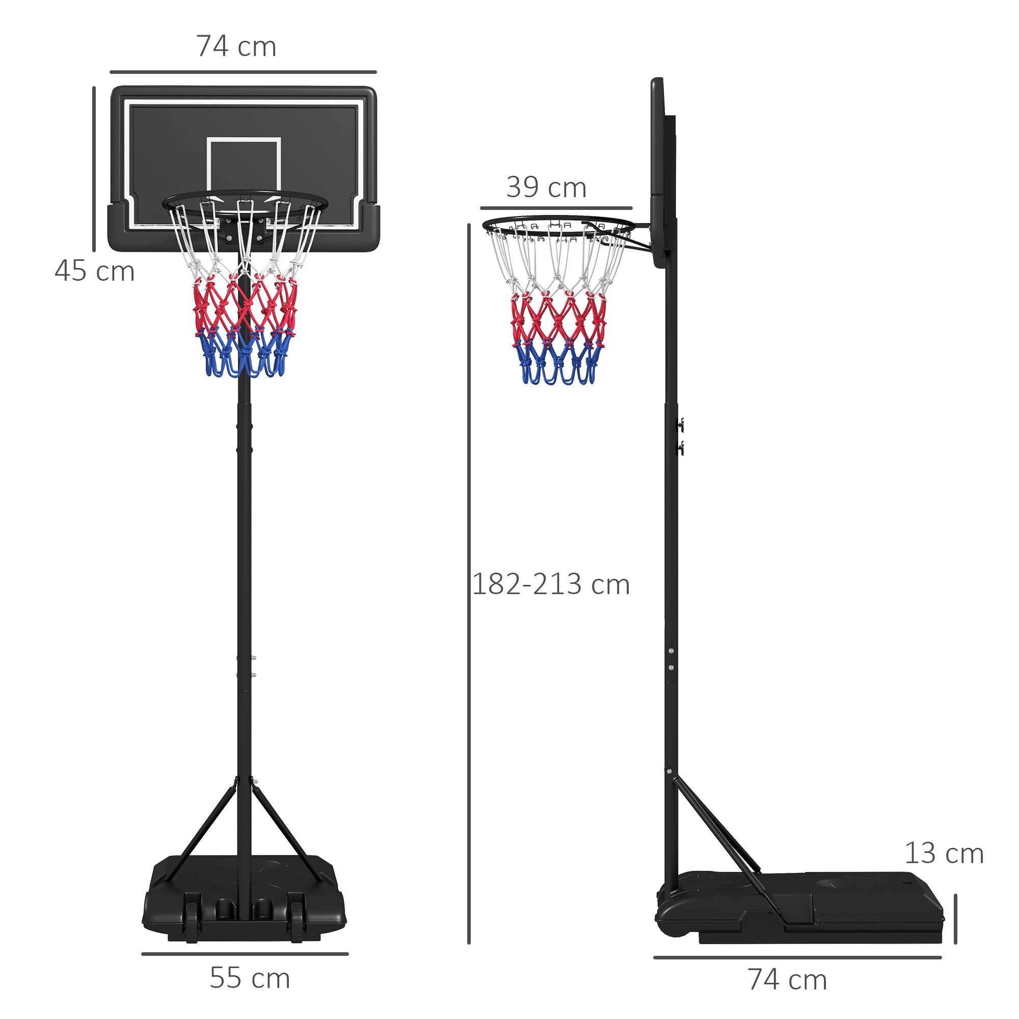 Basketball Hoop, Adjustable 220-250cm Wheels Break-Resistant Backboard, with Stand
