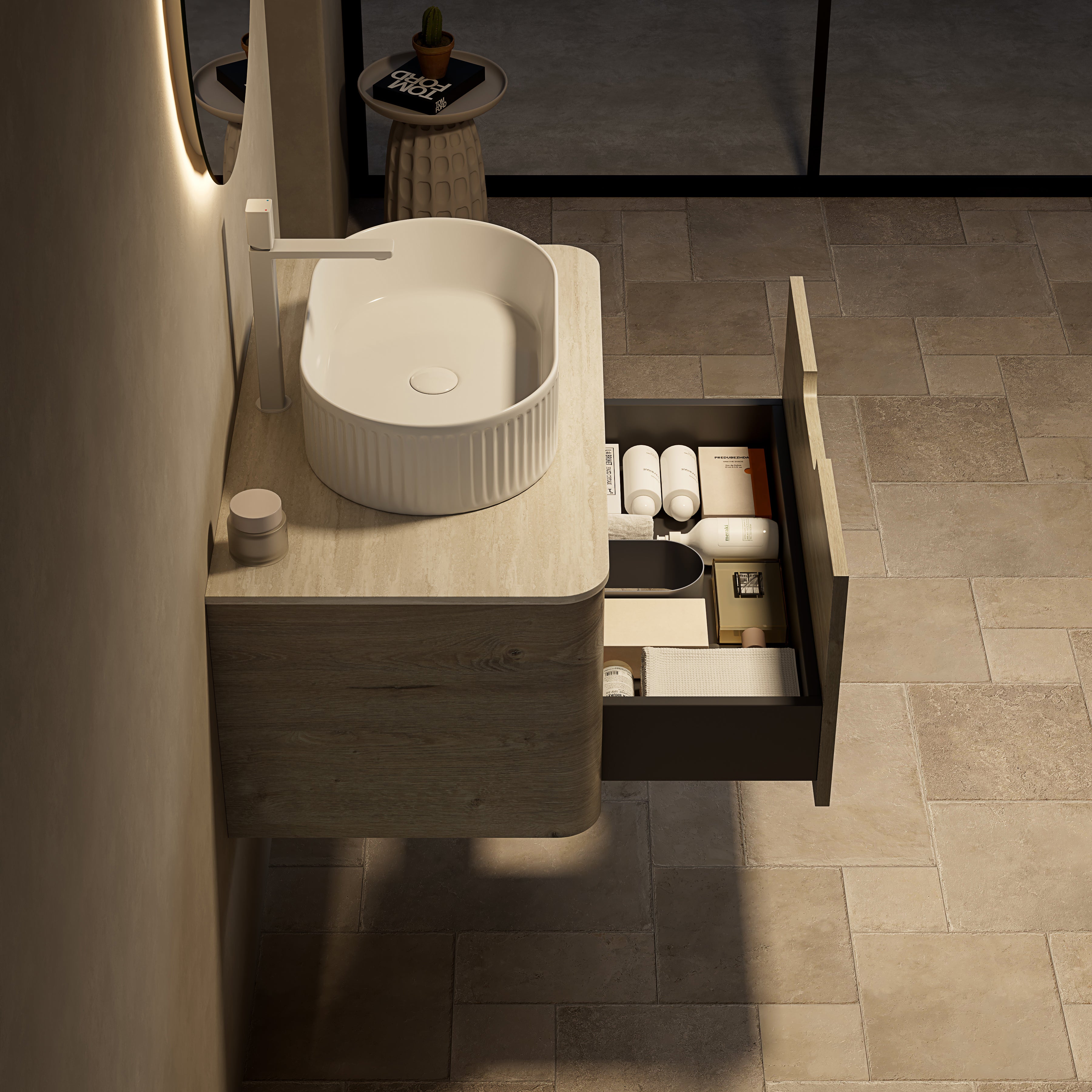Floating Bathroom Vanity with Oval Sink and Sintered Stone Top, Oak Cream Wood Grain