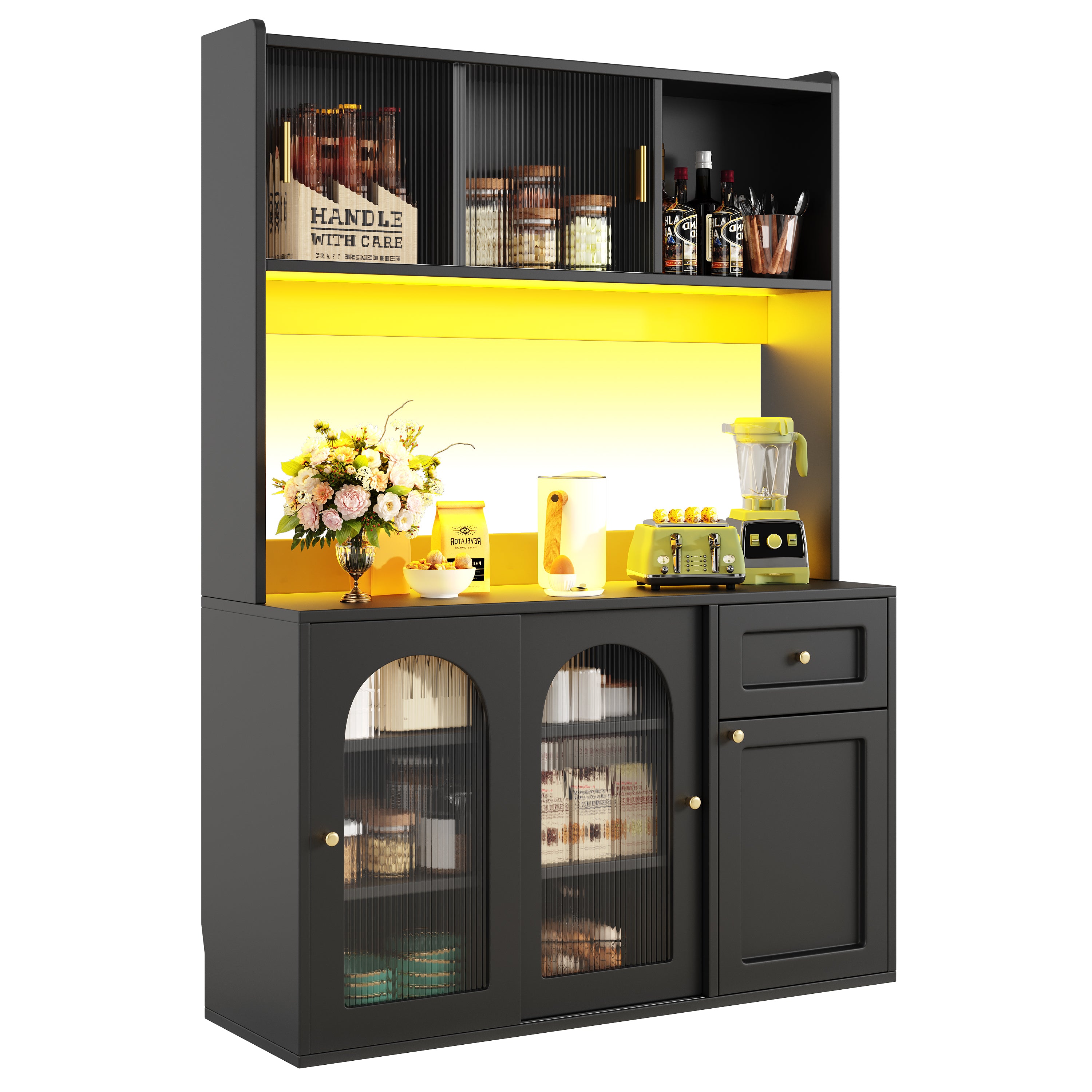 Tall Cabinet Buffet Display with Adjustable Shelves LED Lighting Black