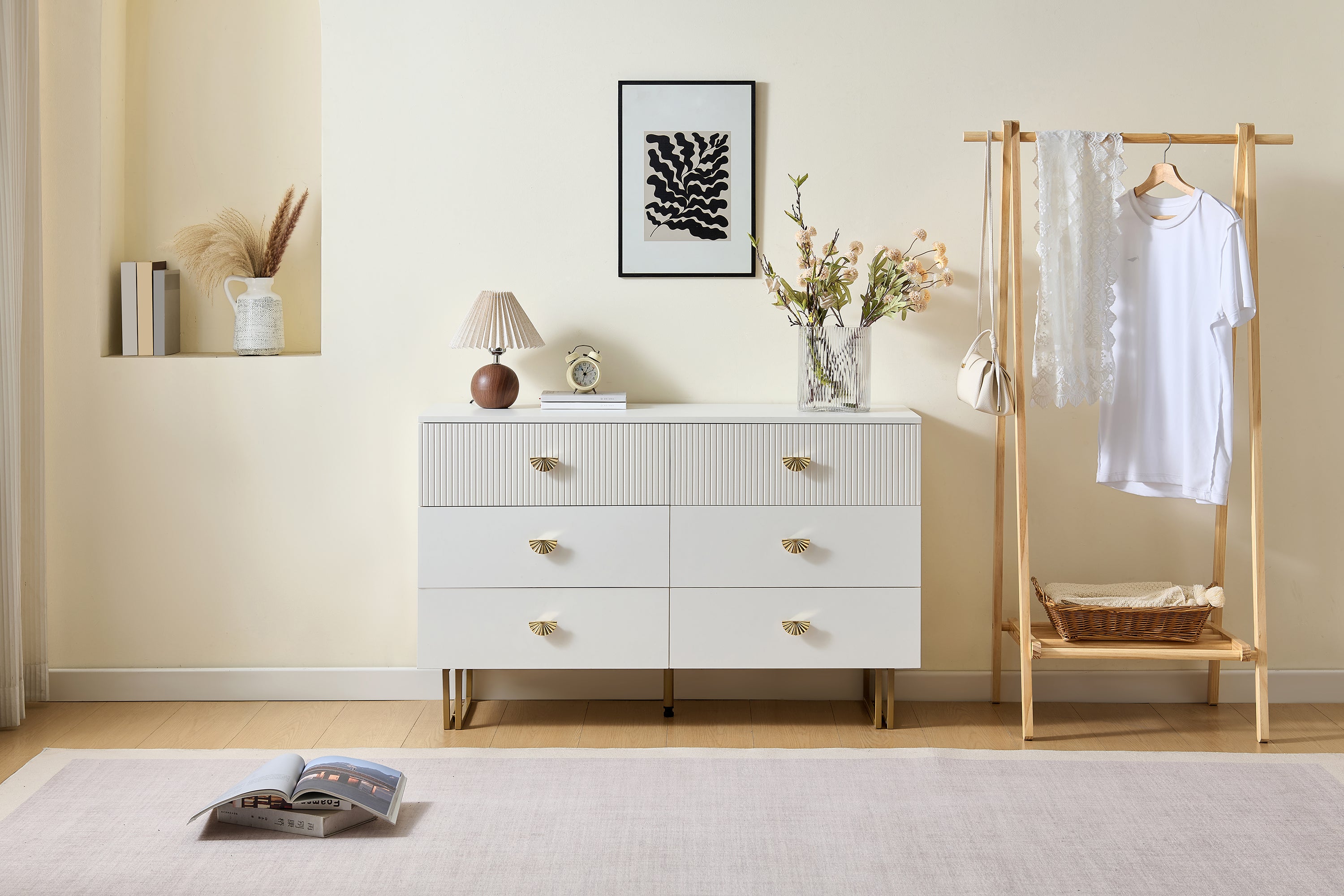 Sideboard, 6-Drawer Elegant Design, White and Gold MDF and Steel