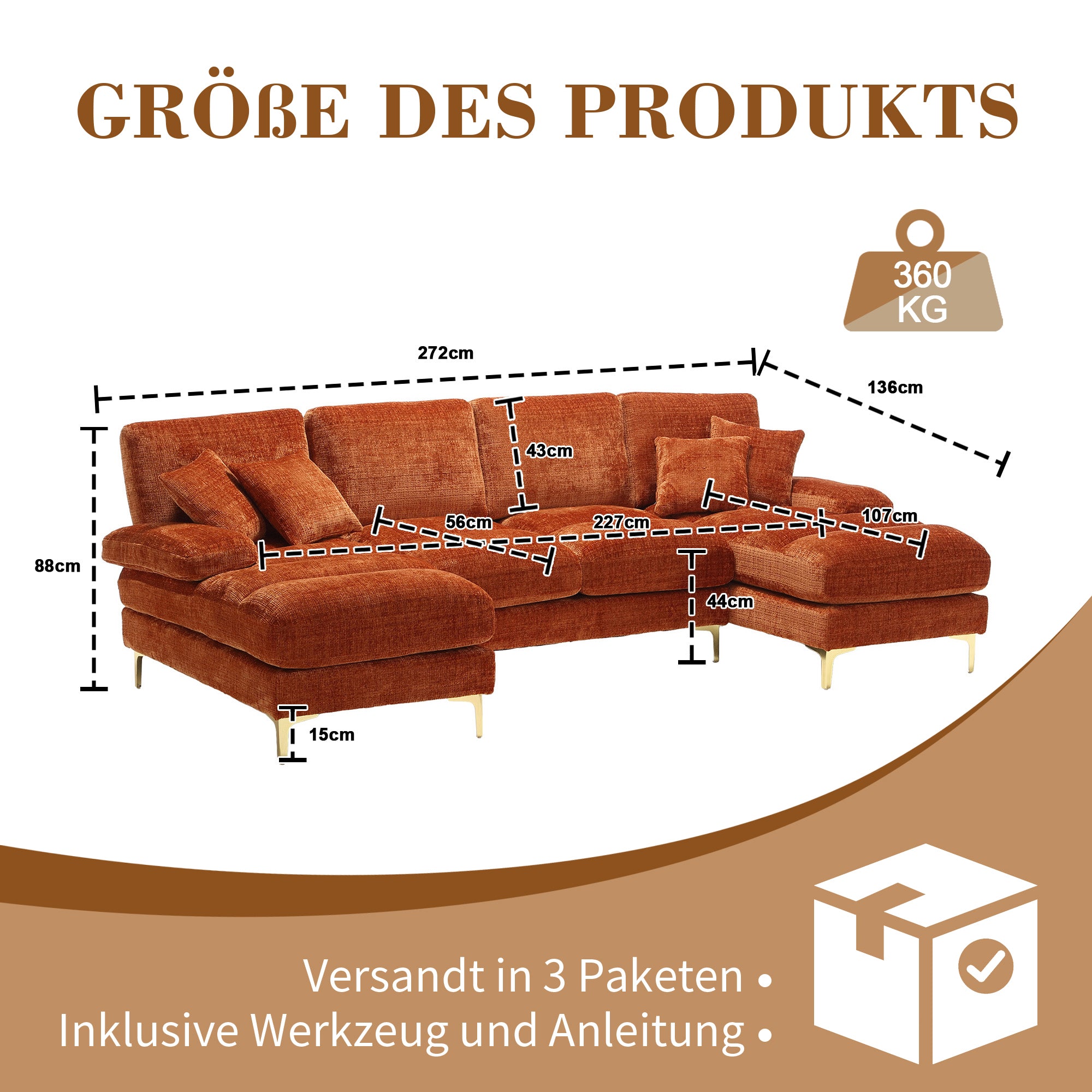 Sofa, Modern Large U-Shape Sectional with Double Reclining Seats, Chenille Orange
