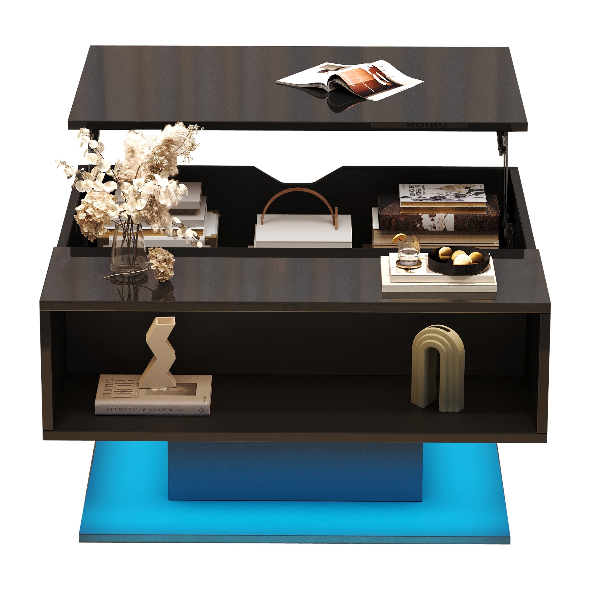 Coffee Table with Hydraulic Lift, High-Gloss, Storage, Black