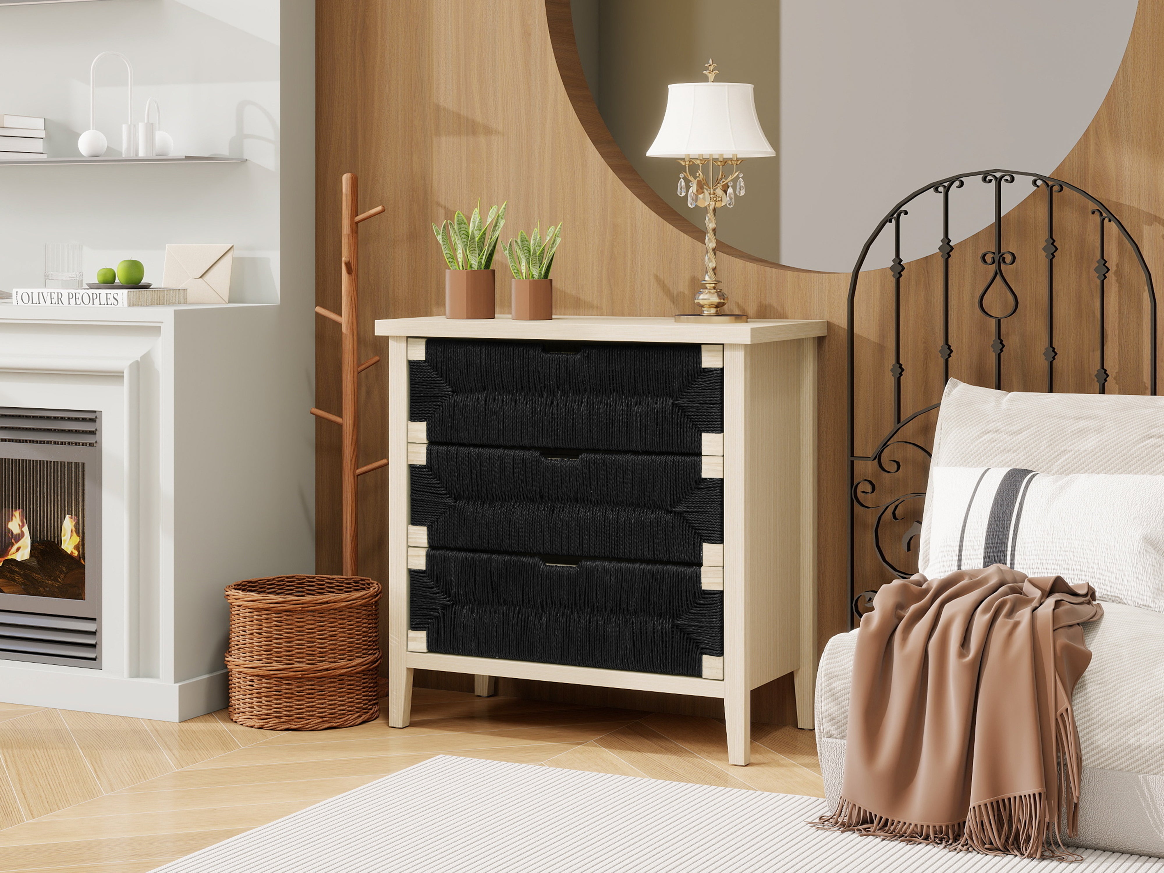 Chest of Drawers 3-Drawer Boho Rope Design 80cm - Natural Wood/Black