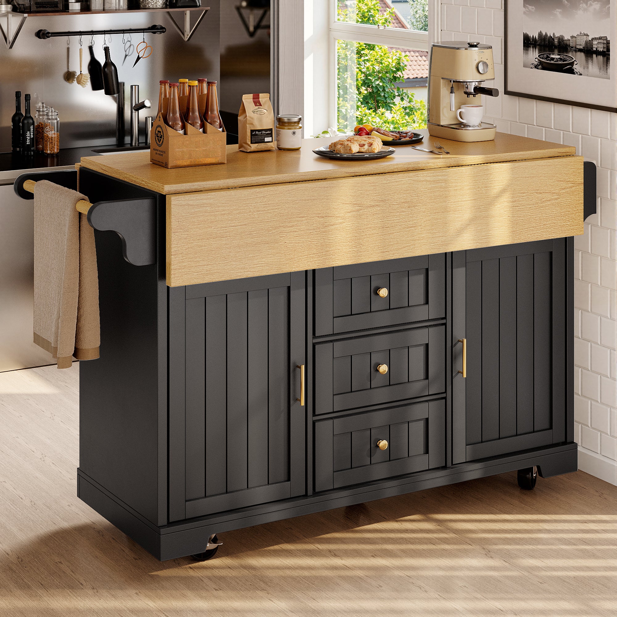 Kitchen Island Sideboard 120cm Extendable Trolley Towel Rail Spice Rack 2 Doors 3 Drawers Black/White