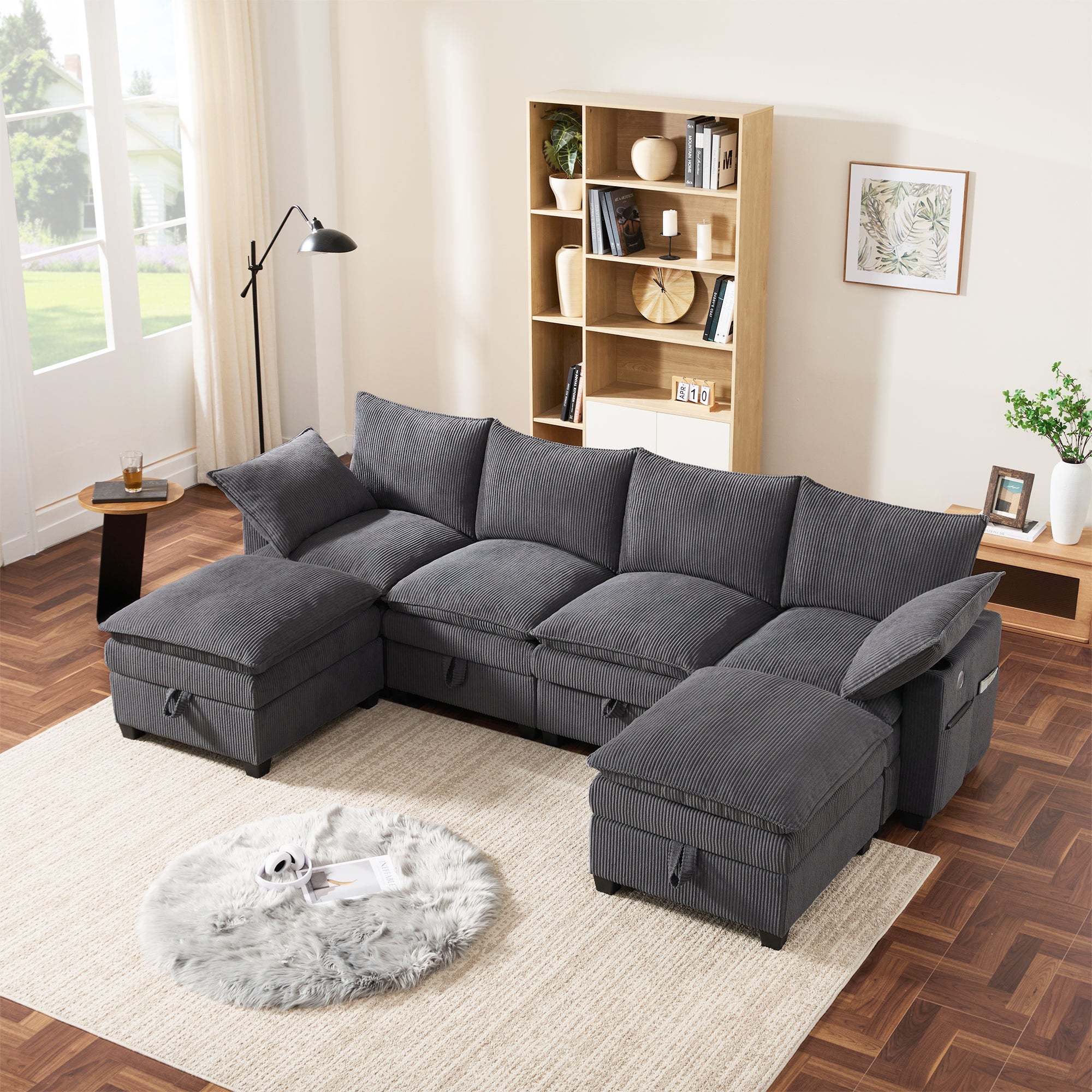 Modern L-shaped Sofa Modular Storage USB Footstool Gray Corduroy