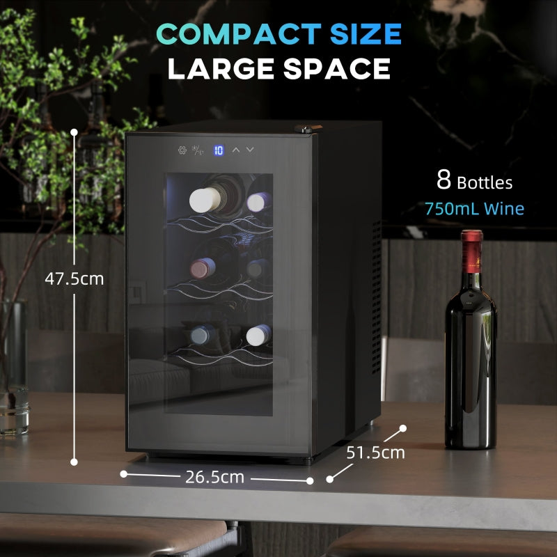 Mini Table Top Wine Fridge, 8 Bottle 17L, 8-18℃ Quiet, Glass Door LED Light Digital Touch Screen