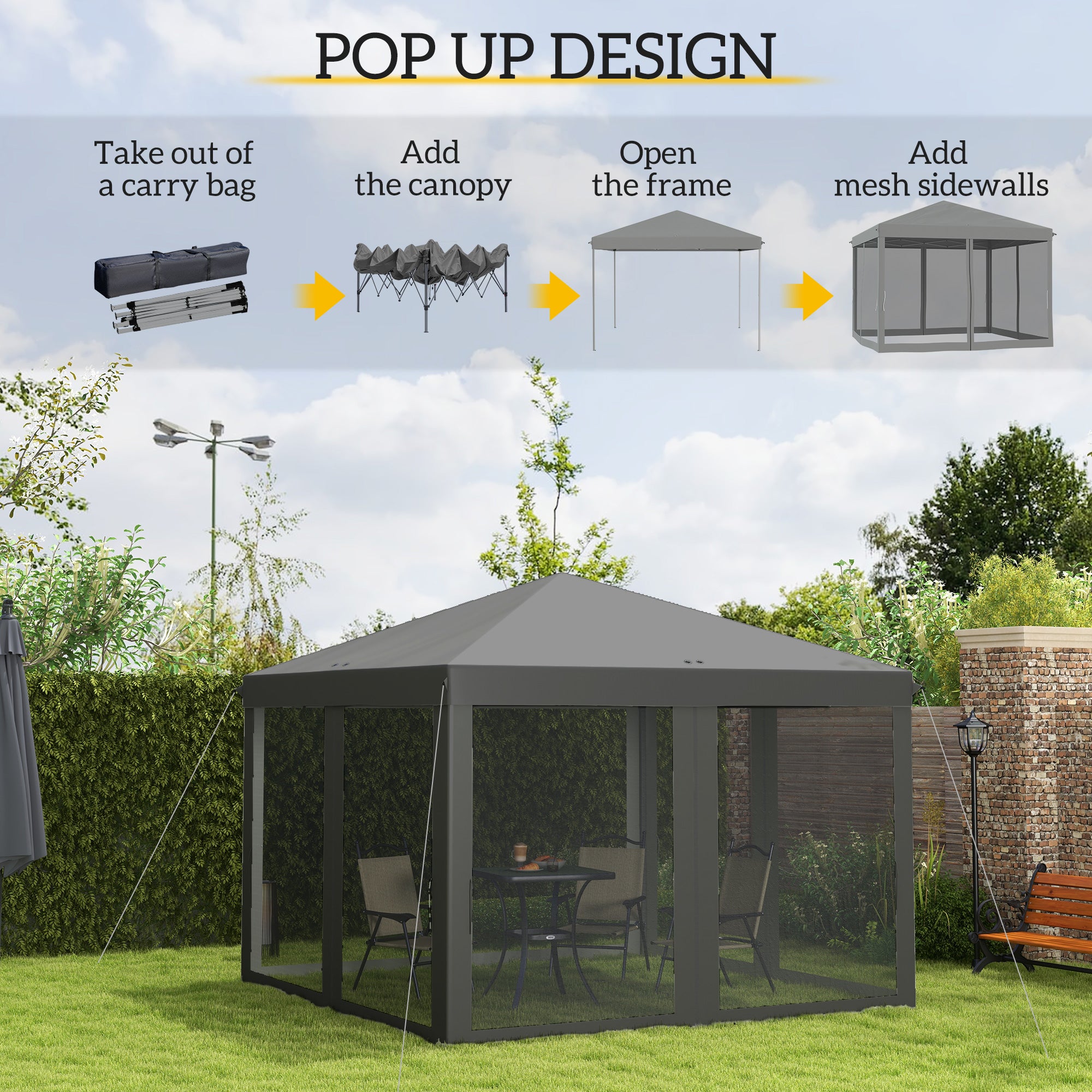 3 x 3 m Pop Up Gazebo, Removable Mesh Sidewall Netting, Light Grey