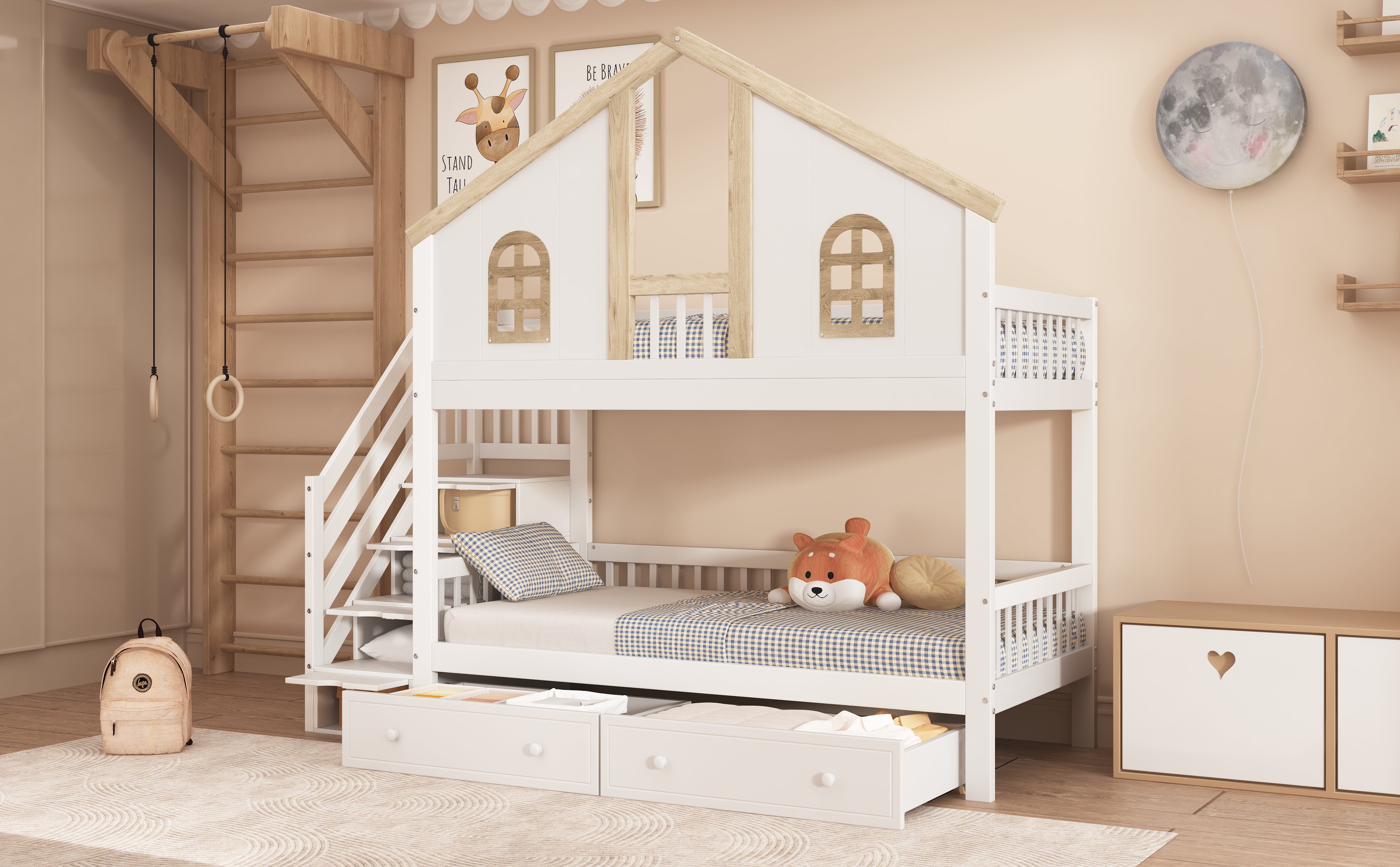 Bunk Bed, Children's with Safety Gate, Drawers & Storage Stairs, Pine+MDF, White+Natural
