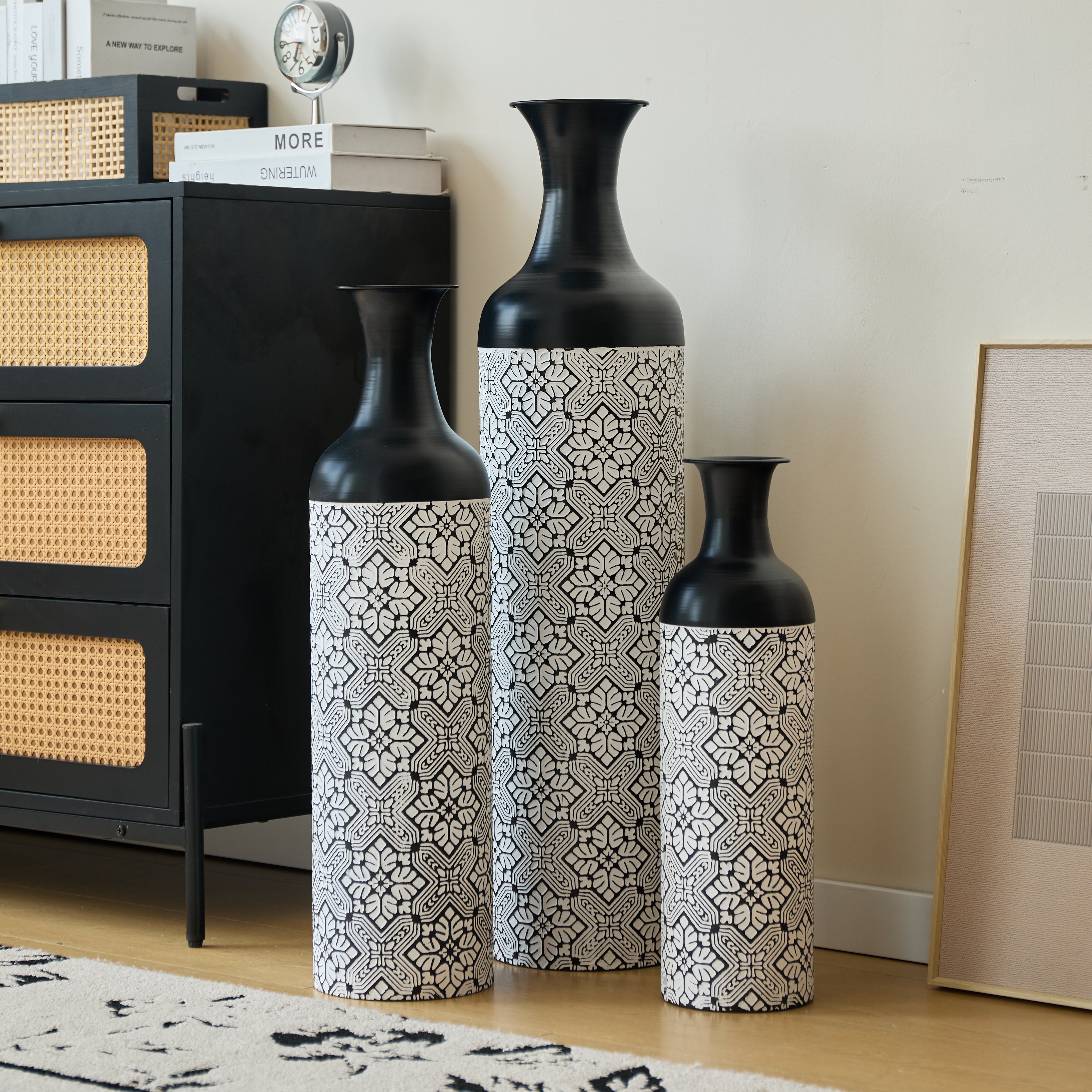 Floor to Ceiling Vase Set, 3-Piece Retro 83/65/50cm Decorative, Black and White Metal