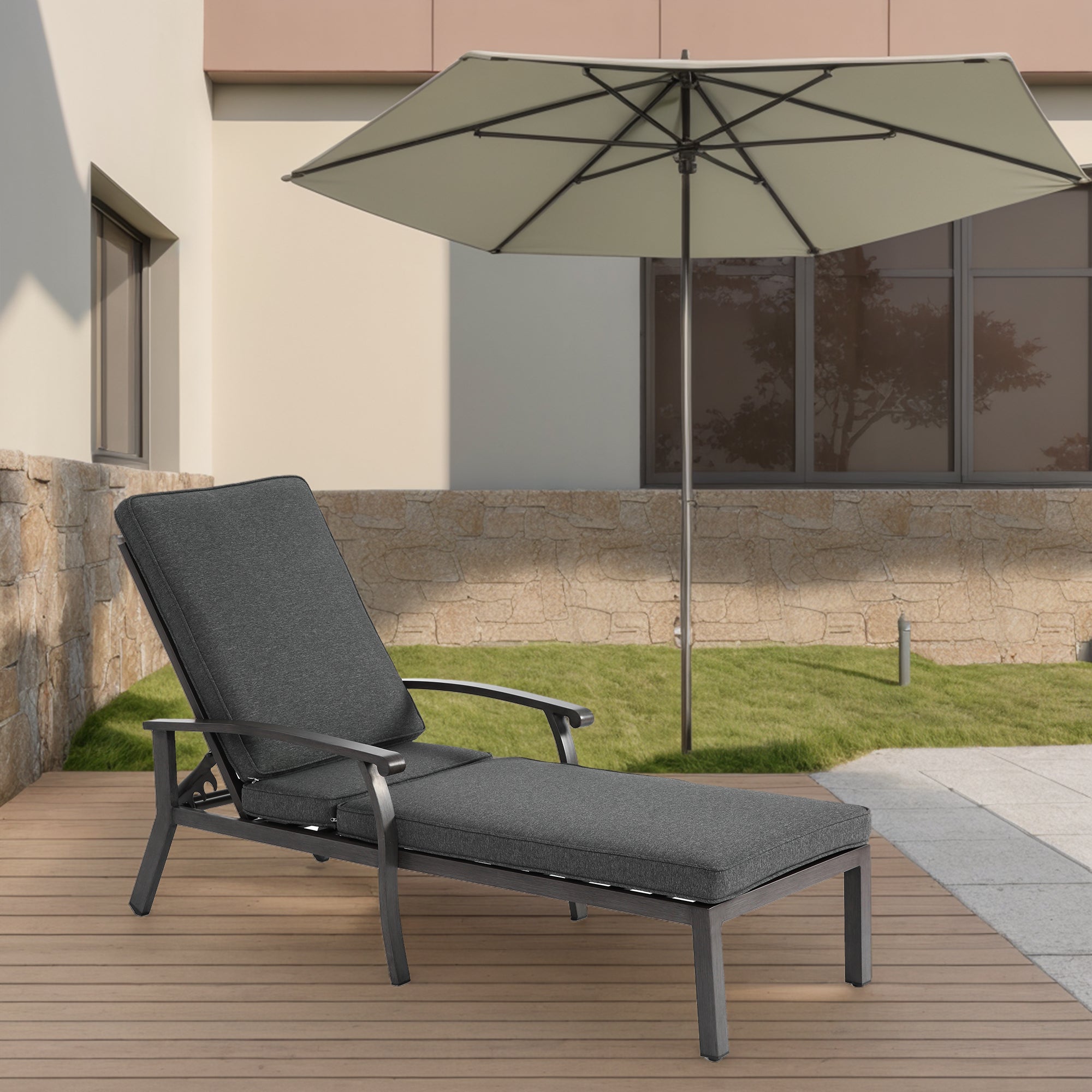 Lounge Patio Chair, Adjustable Reclining with Gray Cotton Cushion
