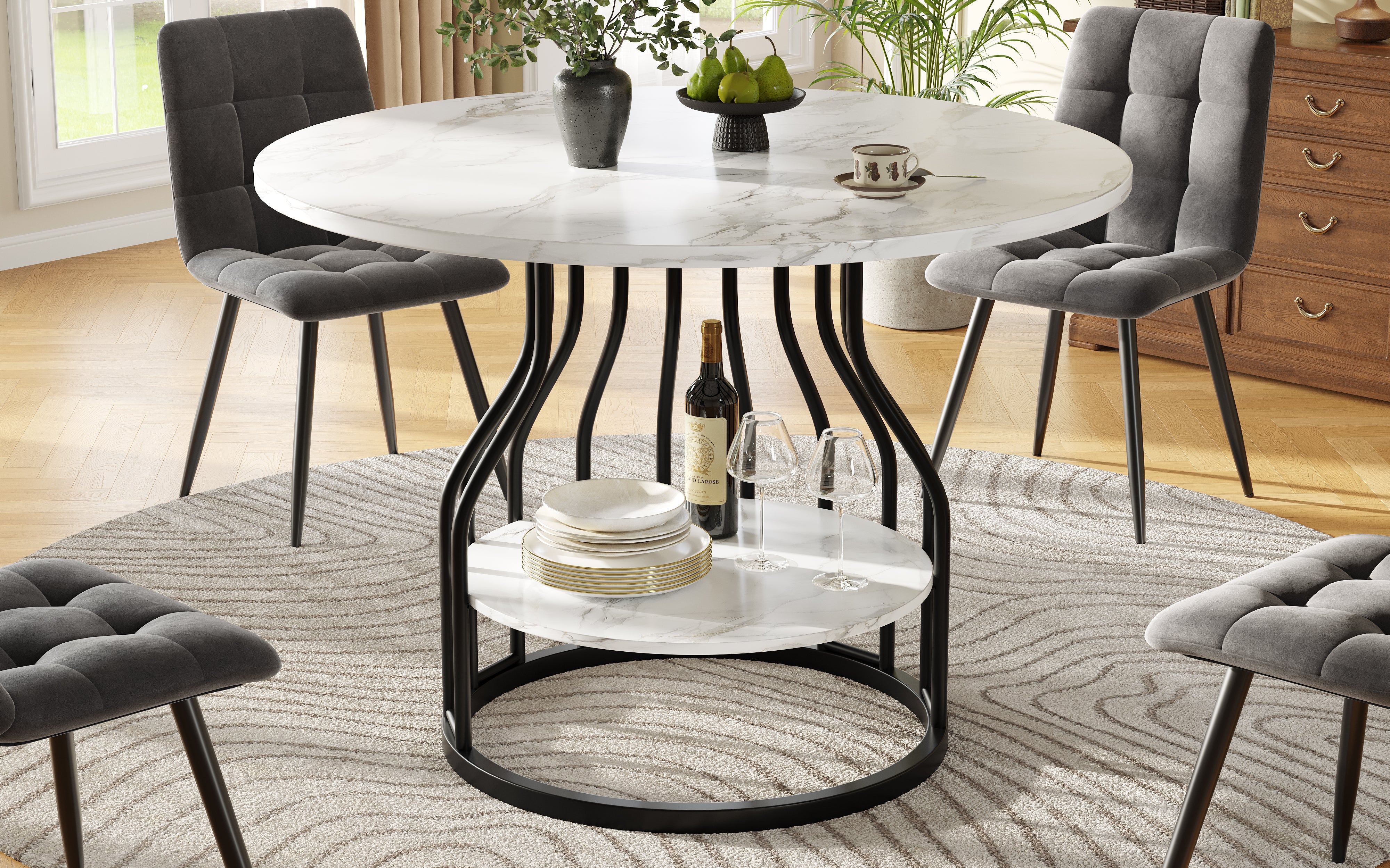 Round Dining Table, 4-Person Storage Shelf MDF Marble, Black