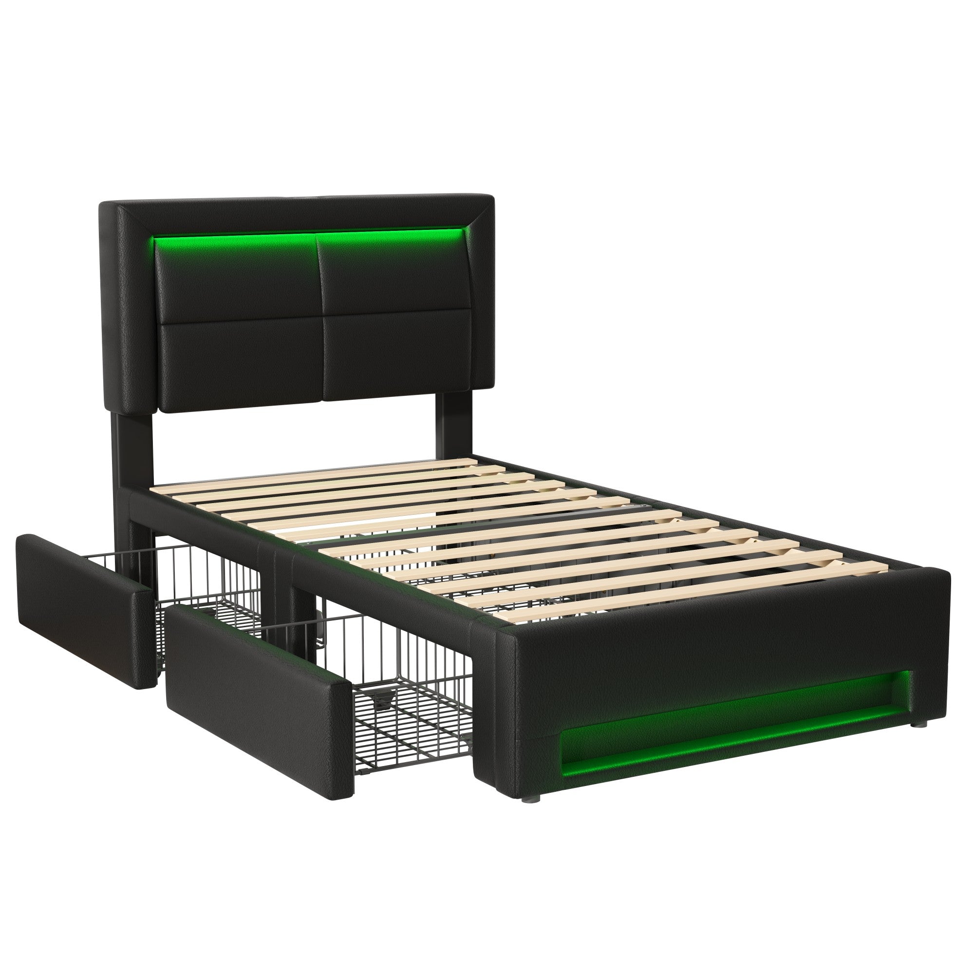 Upholstered Bed 90x190cm USB Charging LED Lighting 4 Drawers - PU Lychee Black