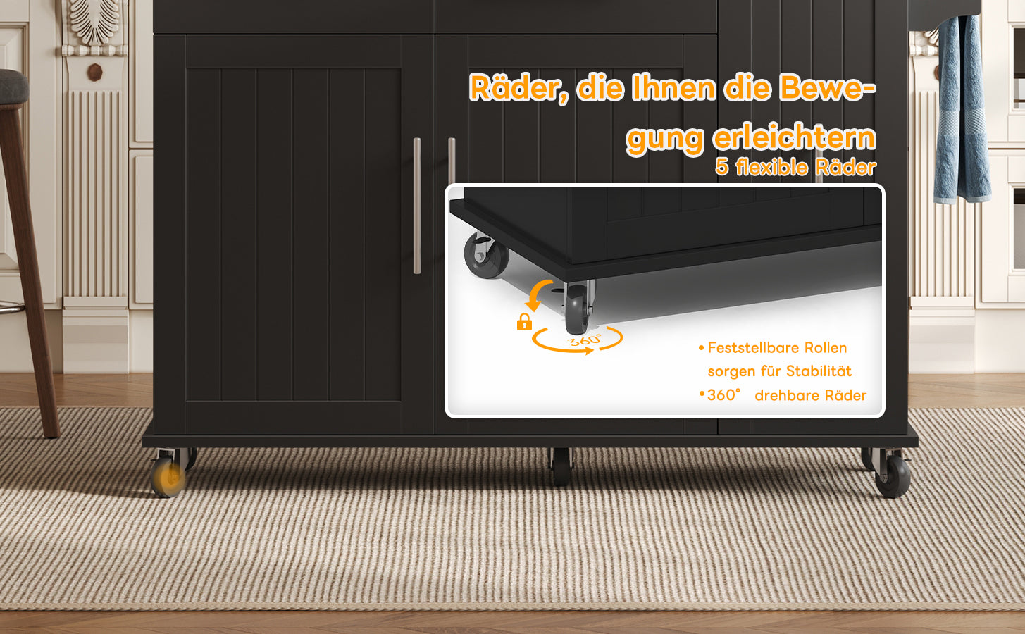 Kitchen Island Drop Leaf Rolling Cart 3-Tier Pull-Out 2 Drawers - Black