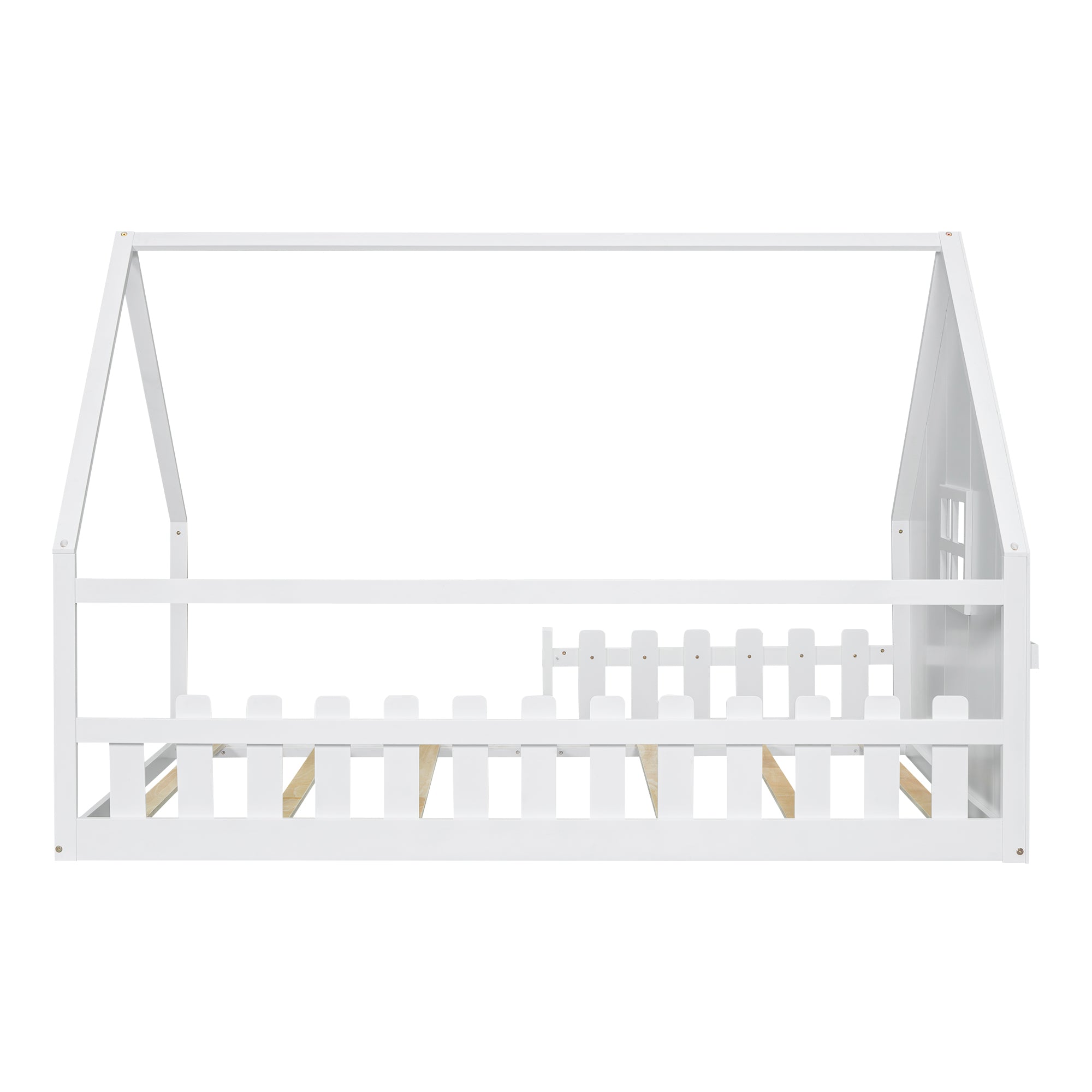 Flatbed Children's Bed with House Rail & Railing, 140x200cm Pine Wood White