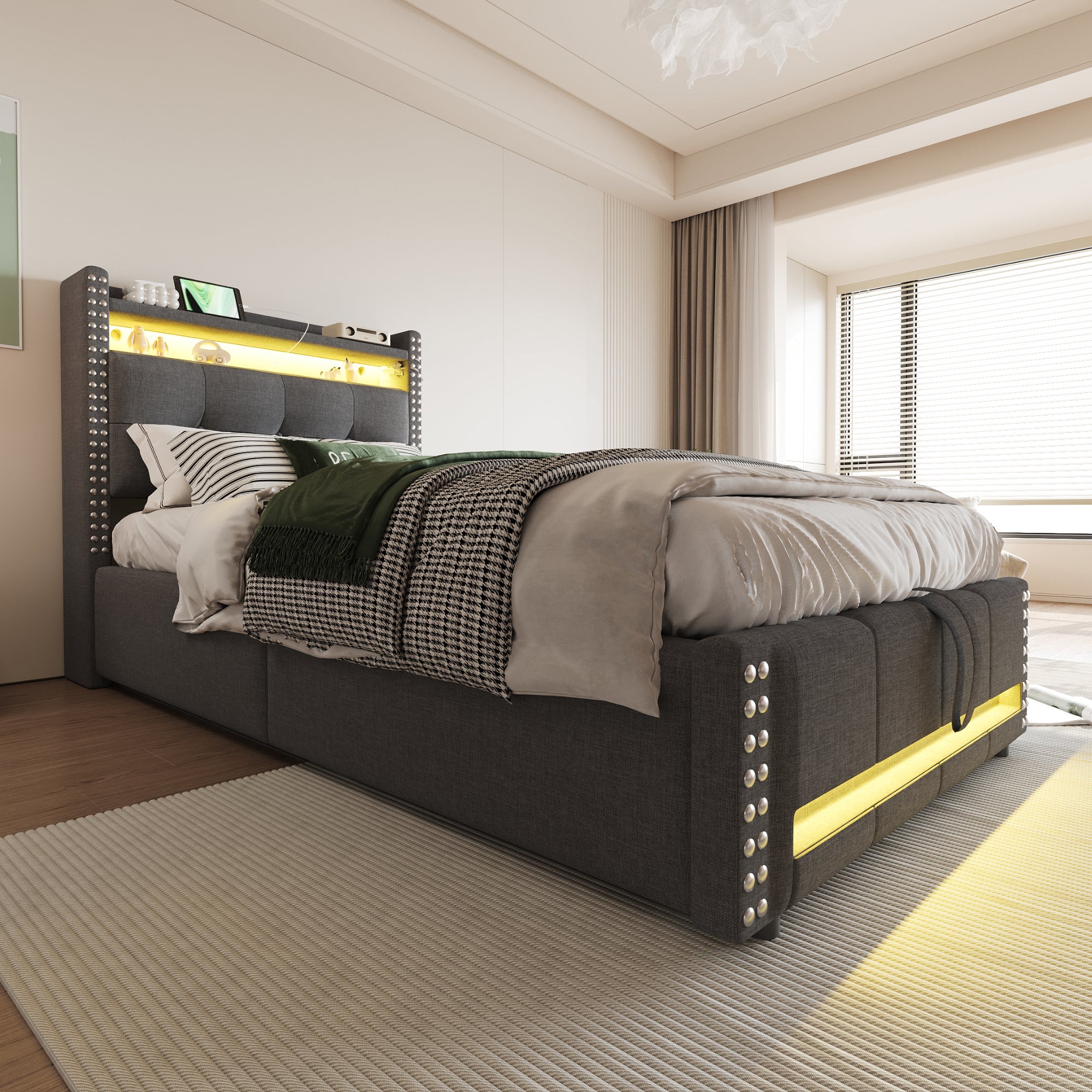 Upholstered Children's Bed 90x200cm, LED & USB, Storage Headboard, Grey Linen