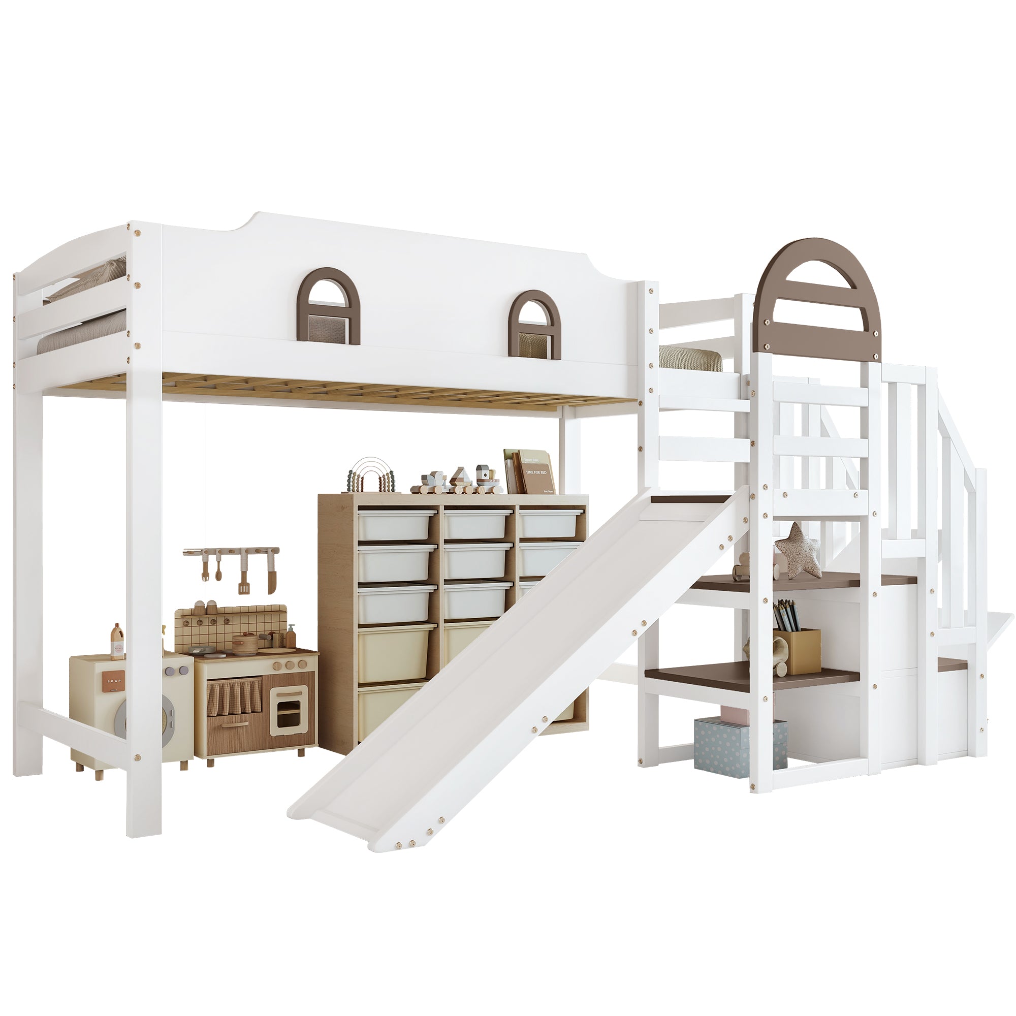 Bunk Bed, Children's with Window, Slide, Stairs & Storage, Pine + MDF, White + Brown, 90 x 200 cm