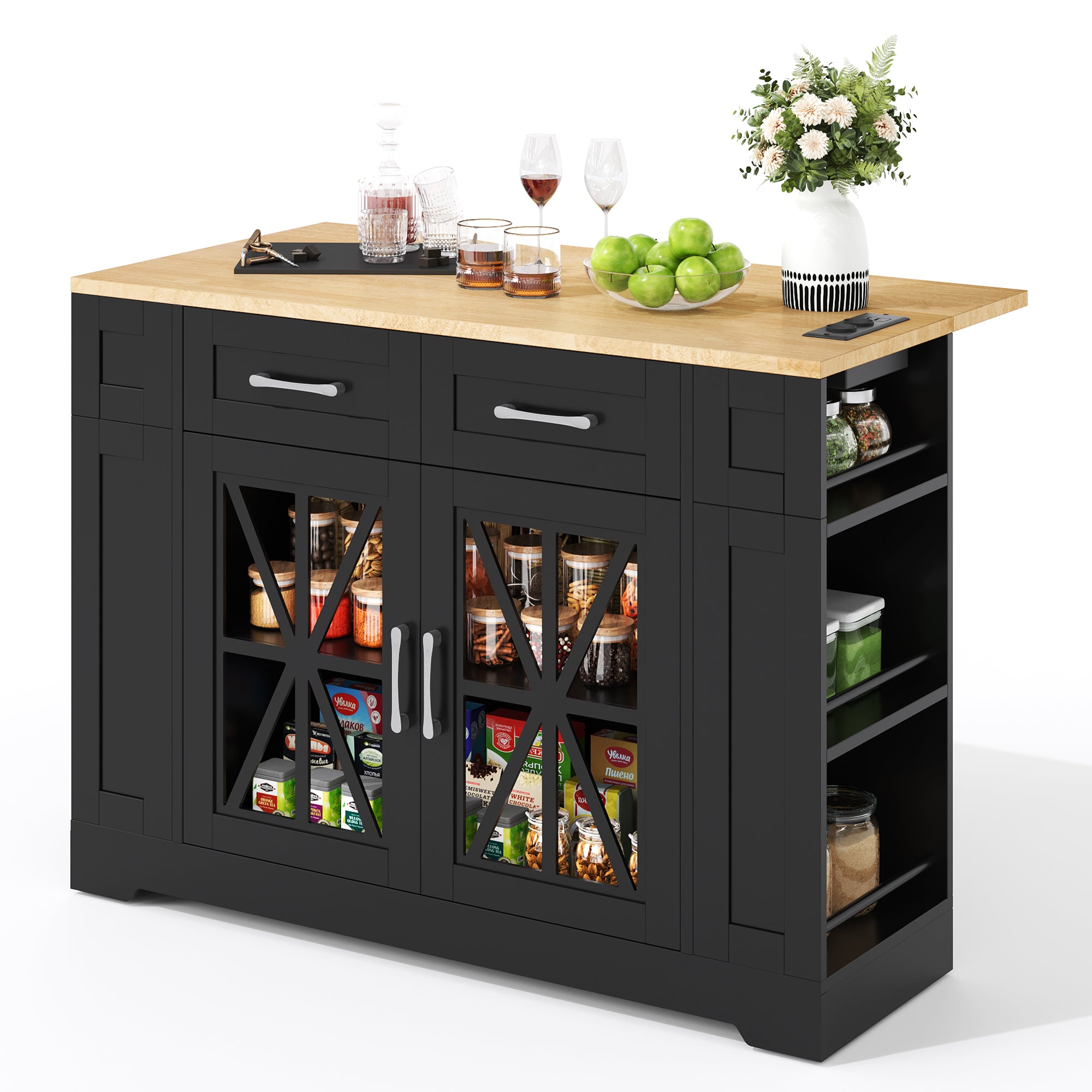 Portable Kitchen Island with Folding Dining Table, AC and USB Ports and Glass Door, Wood Effect
