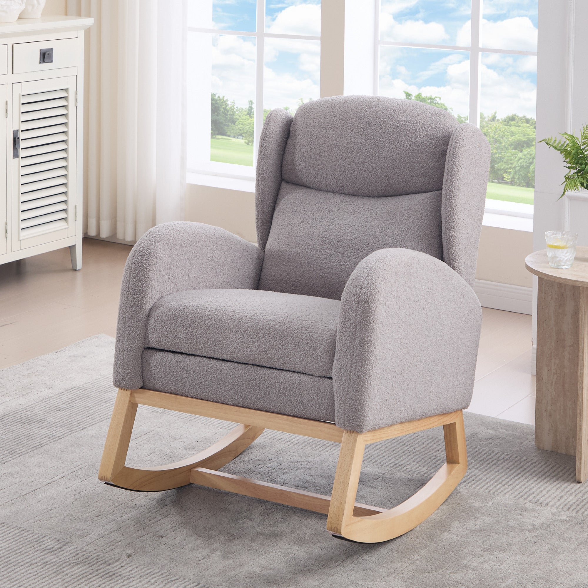 049B Rocking Chair, Nursing Lounge Chair with Adjustable Footrest, High Back, Teddy Fabric, Gray