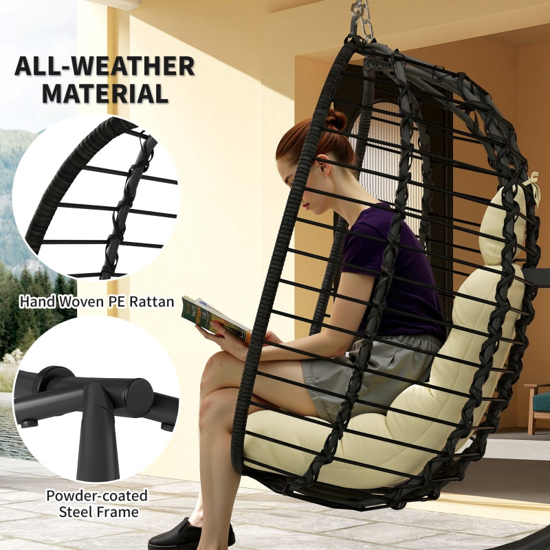 Rattan Hanging Egg Chair, Foldable Adjustable Height with Stand, Cream White