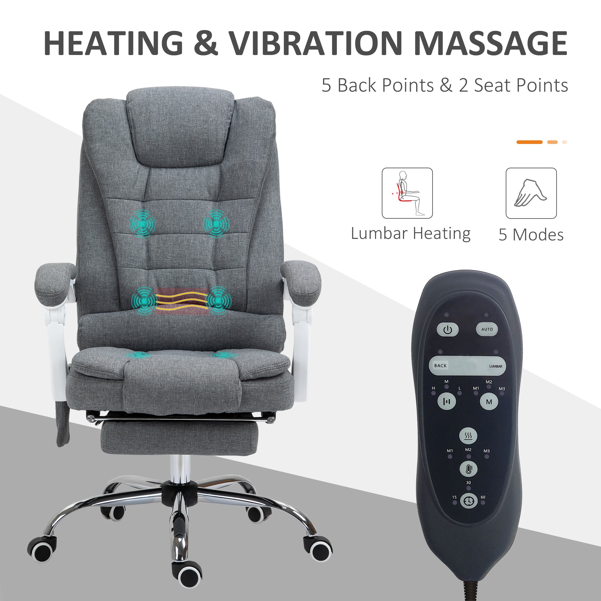 Vinsetto Heated Vibration Massage Office Chair with Footrest, Grey