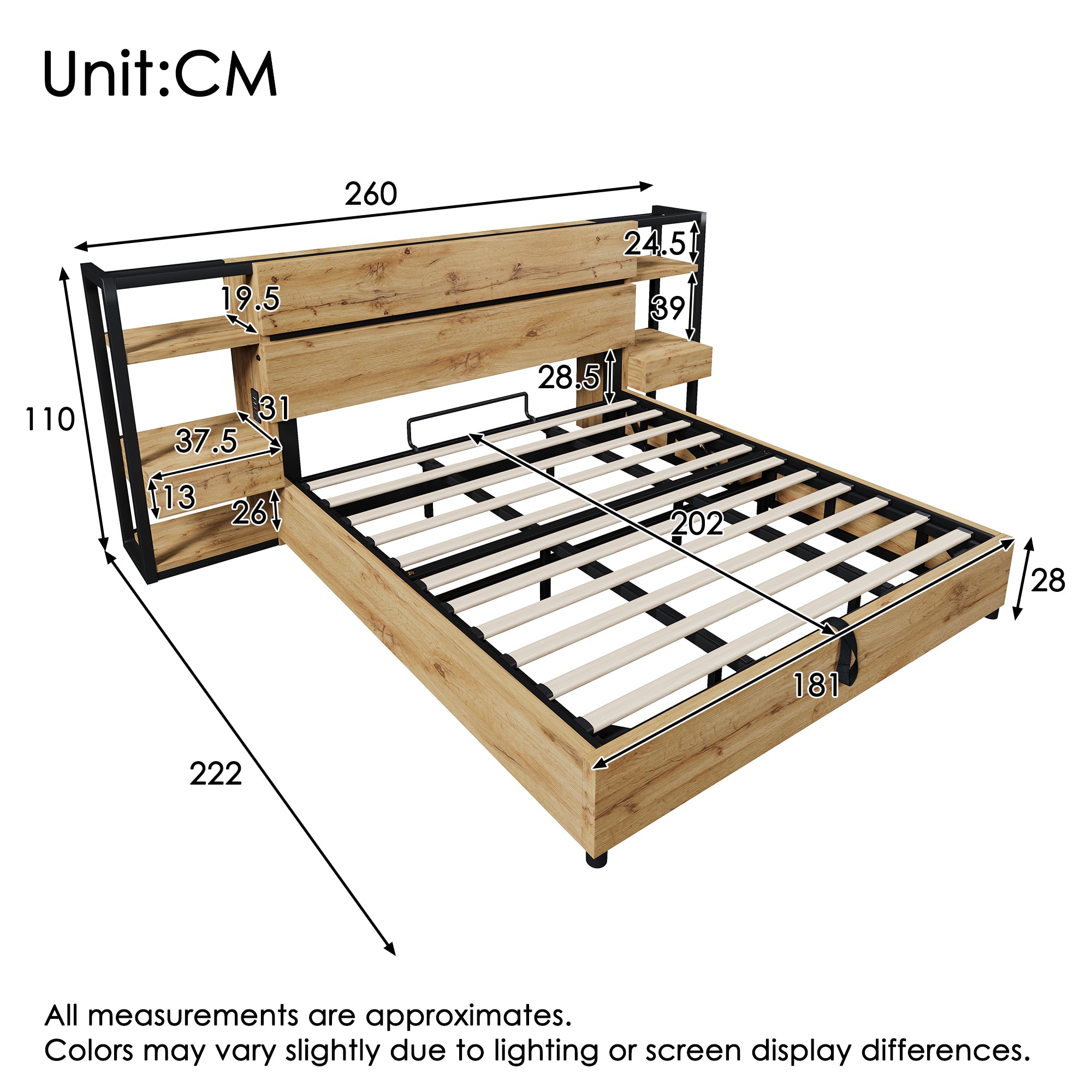 Wooden Double Bed 180x200cm, Hydraulic Storage, Headboard with USB Charging, Oak Color
