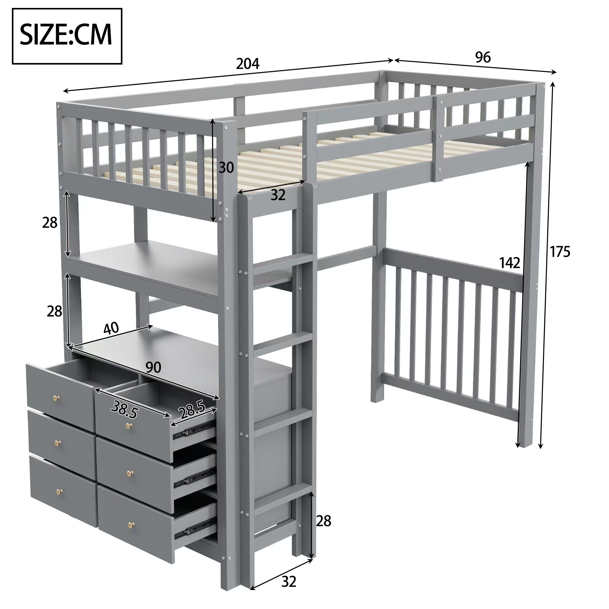 Loft Bed, 90x200cm with Ladder, Drawers, Shelves, Slatted Frame, Pinewood, Grey