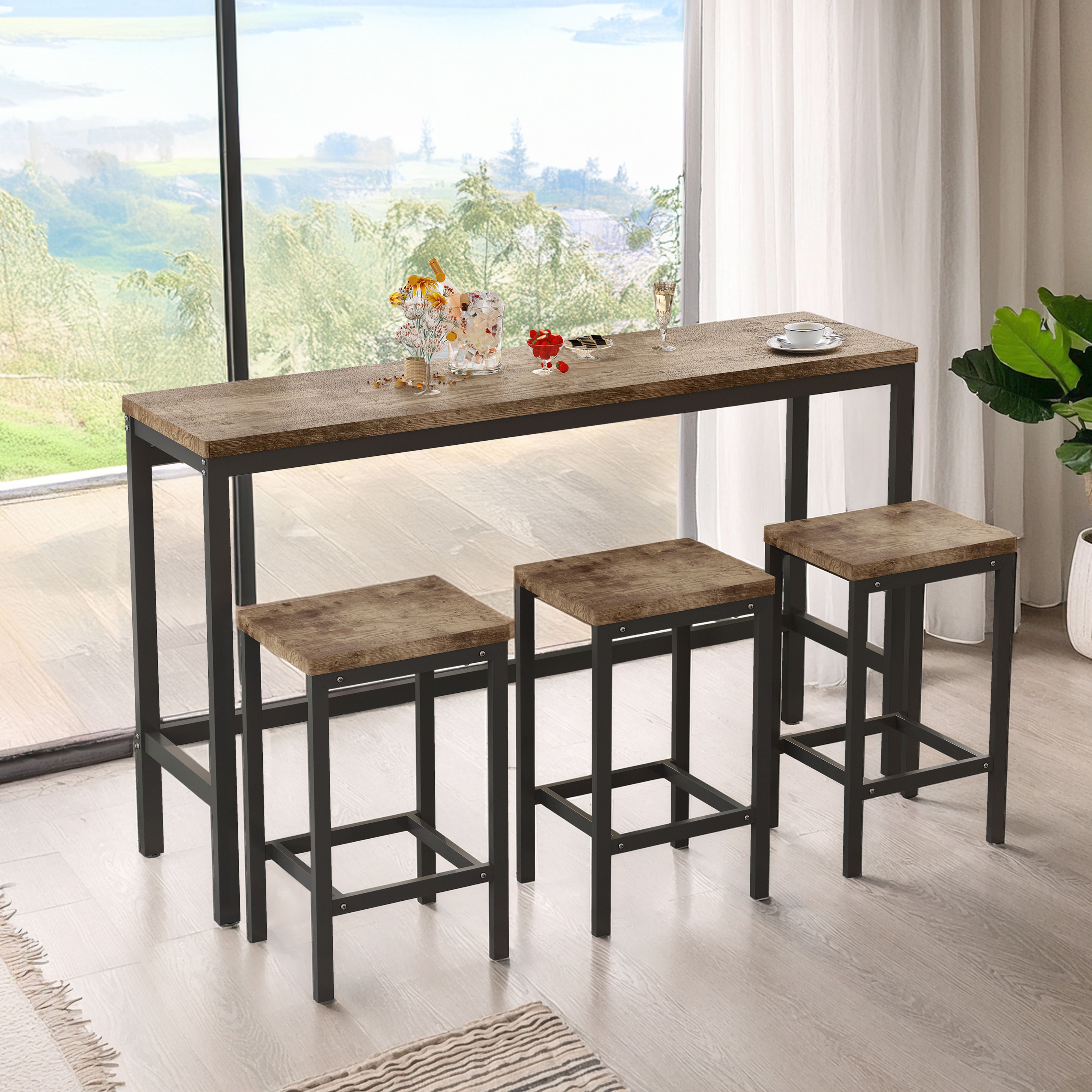 Dining Table Set, 148CM Modern Design Kitchen Pub Table with 3 Stools, Natural