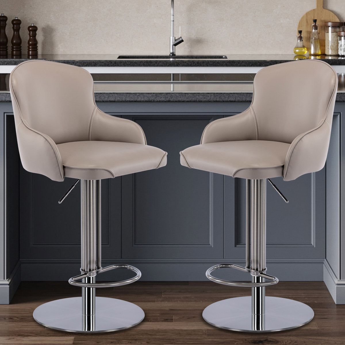 Modern Leather Bar Chair with Backrest, Swivel Adjustable Height for Kitchen and Dining Room, Black Titanium Stainless Steel